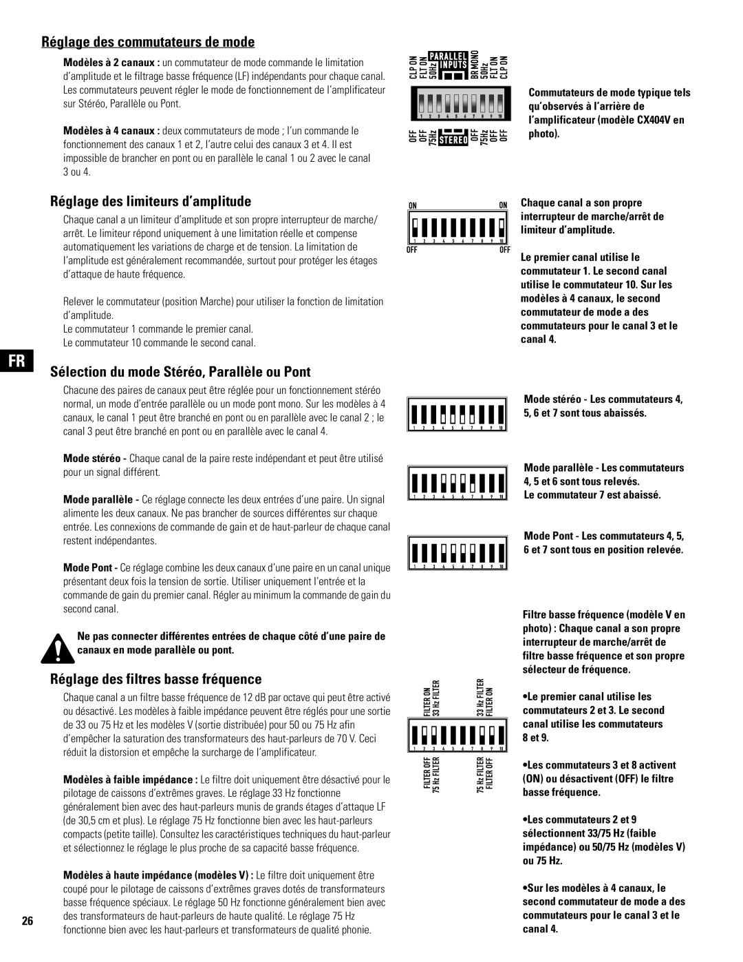 QSC Audio CX204V Réglage des commutateurs de mode, Réglage des limiteurs d’amplitude, Réglage des filtres basse fréquence 