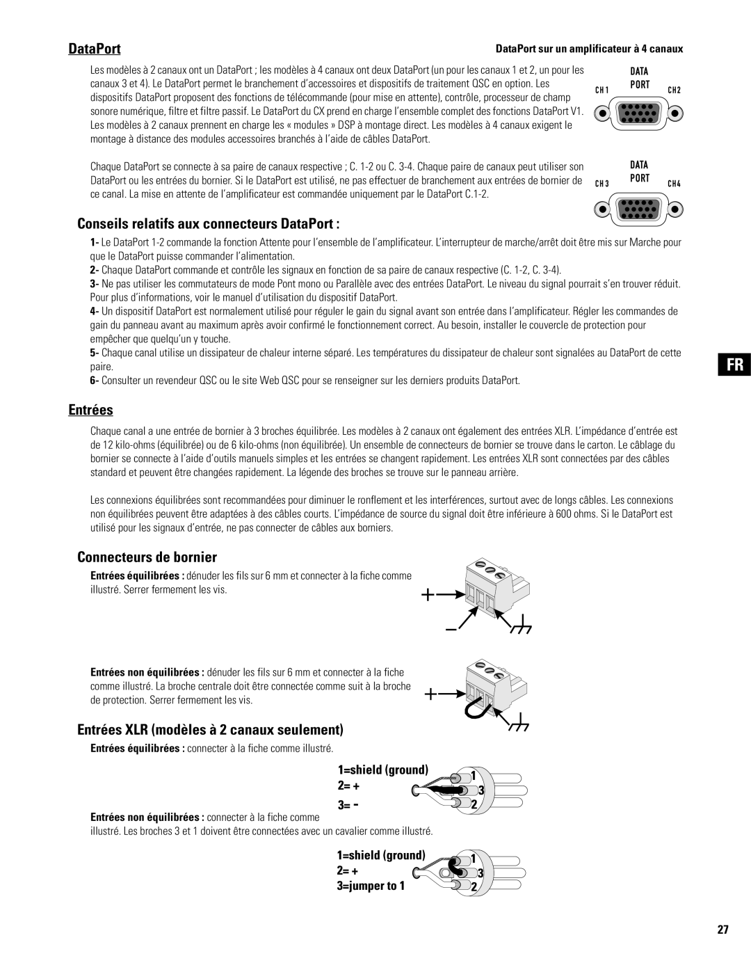 QSC Audio CX1102, CX602V, CX404, CX902, CX702 Conseils relatifs aux connecteurs DataPort, Entrées, Connecteurs de bornier 