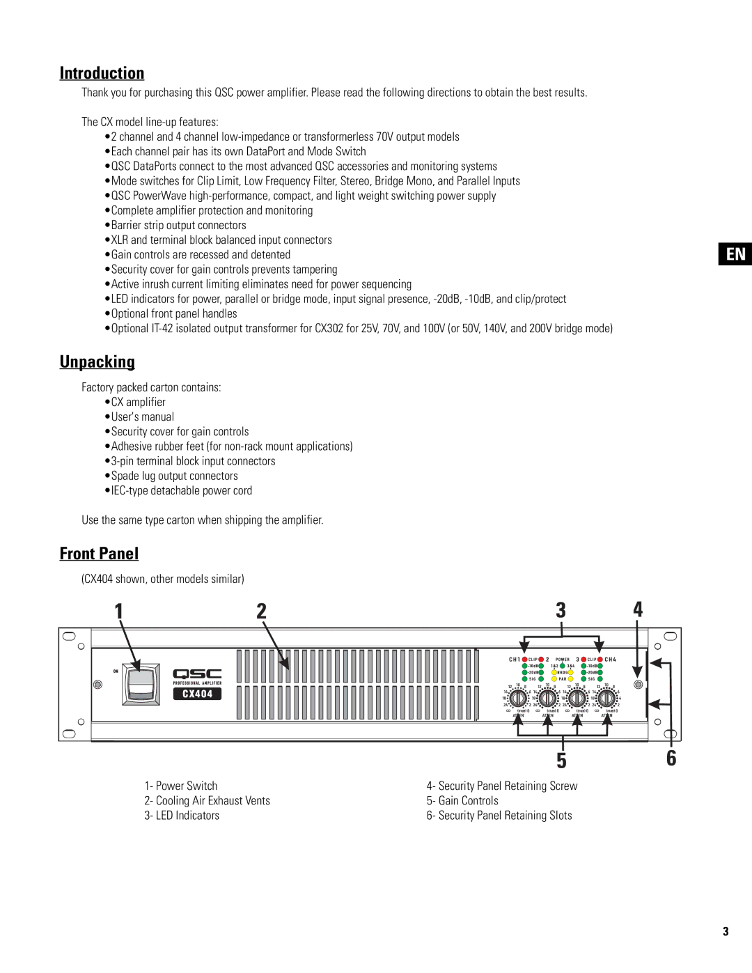 QSC Audio CX702, CX602V, CX404, CX902, CX204V, CX1102, CX1202V, CX302V, CX254, CX502 Introduction, Unpacking, Front Panel 