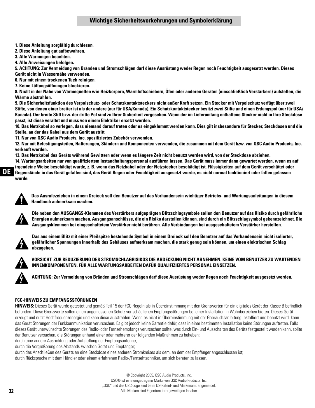 QSC Audio CX502, CX602V, CX404, CX902 Wichtige Sicherheitsvorkehrungen und Symbolerklärung, FCC-HINWEIS ZU Empfangsstörungen 