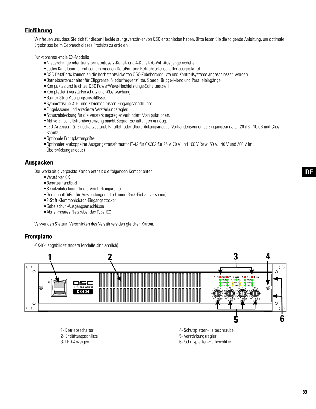 QSC Audio CX602V, CX404, CX902, CX702, CX204V, CX1102, CX1202V, CX302V, CX254, CX502 user manual Einführung, Auspacken, Frontplatte 