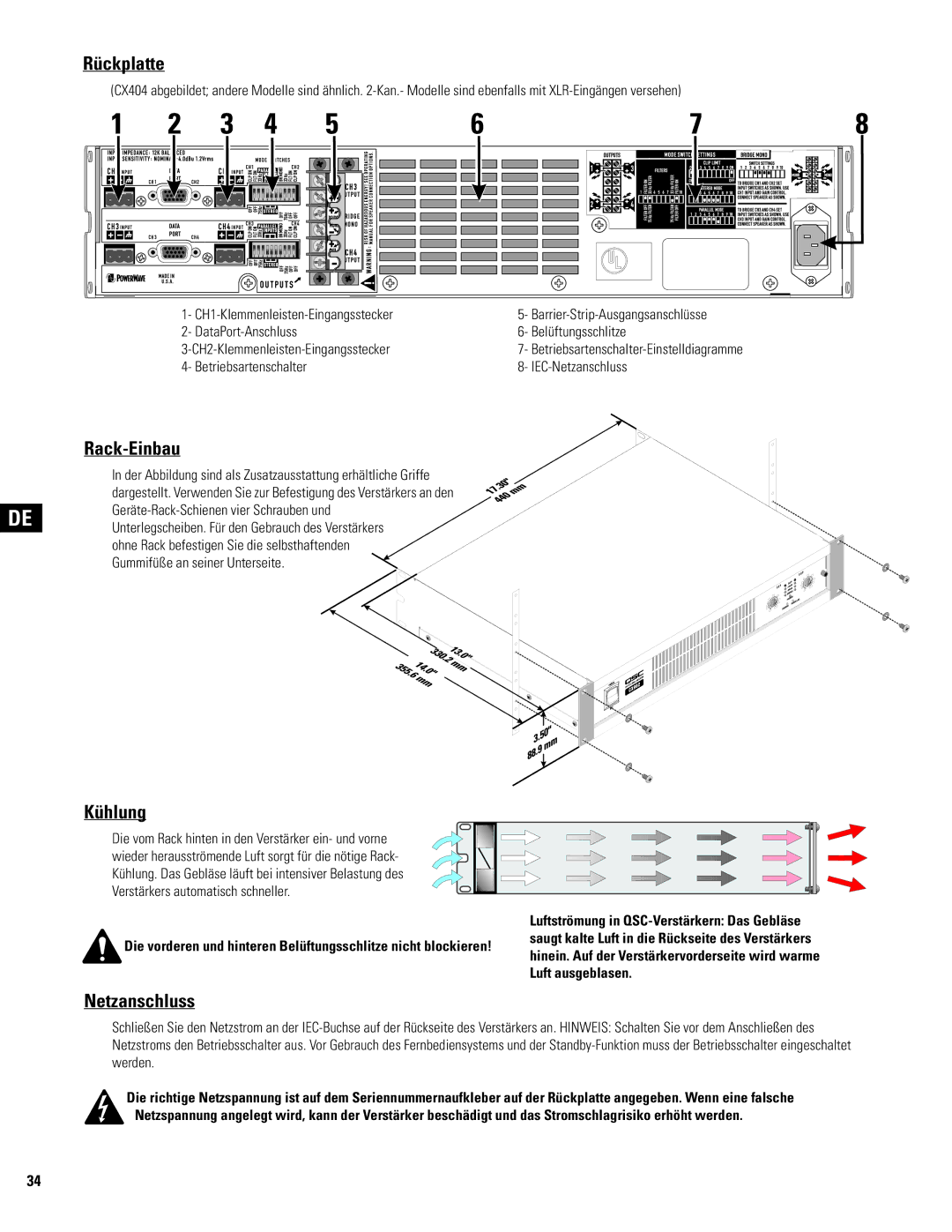 QSC Audio CX404, CX602V, CX902, CX702, CX204V, CX1102, CX1202V, CX302V, CX254 Rückplatte, Rack-Einbau, Kühlung, Netzanschluss 