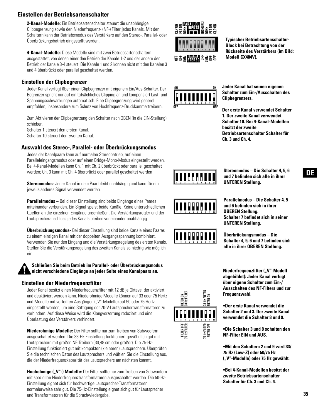 QSC Audio CX902 Einstellen der Betriebsartenschalter, Einstellen der Clipbegrenzer, Einstellen der Niederfrequenzfilter 