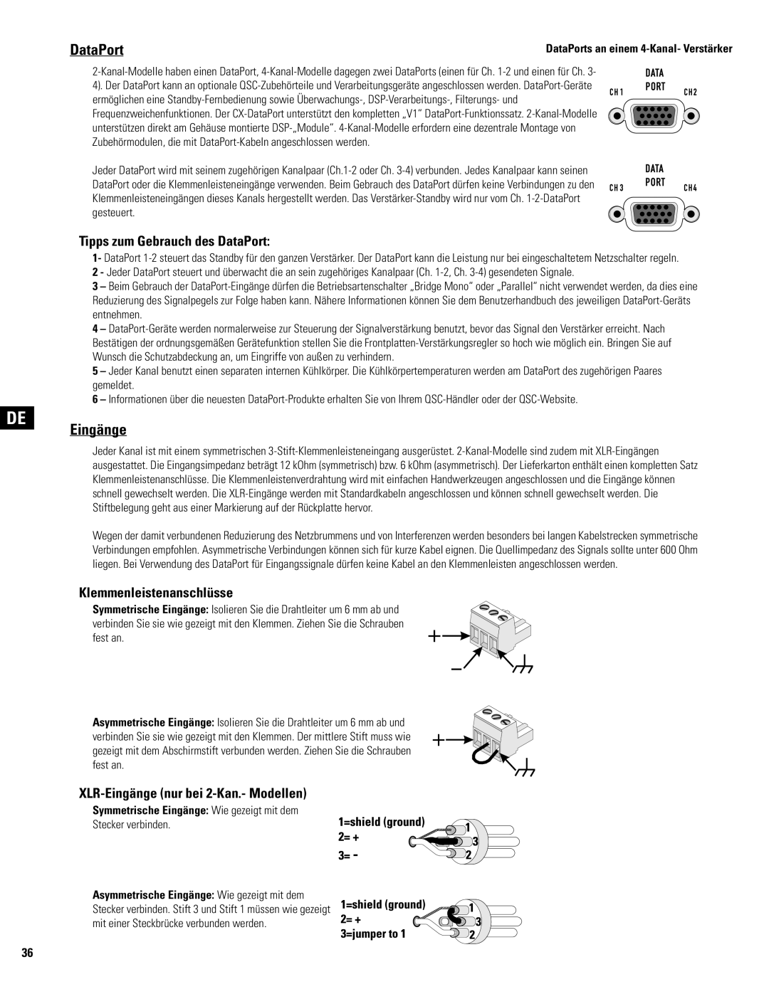 QSC Audio CX702 Tipps zum Gebrauch des DataPort, Klemmenleistenanschlüsse, XLR-Eingänge nur bei 2-Kan.- Modellen 