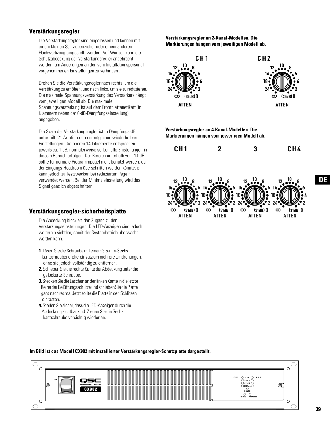 QSC Audio CX1202V, CX602V, CX404, CX902, CX702, CX204V, CX1102, CX302V, CX254, CX502 Verstärkungsregler-sicherheitsplatte 