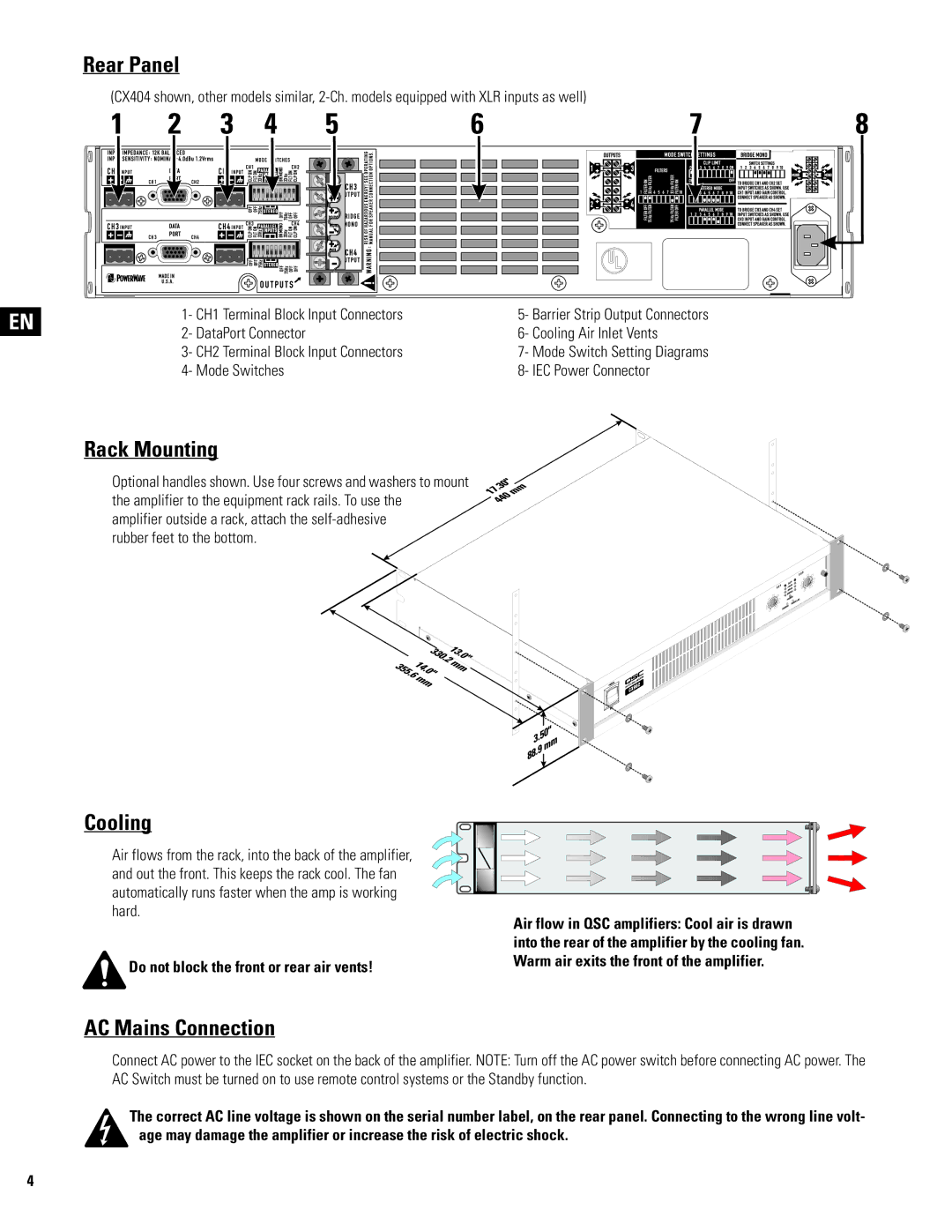 QSC Audio CX204V, CX602V Rear Panel, Rack Mounting, Cooling, AC Mains Connection, Do not block the front or rear air vents 