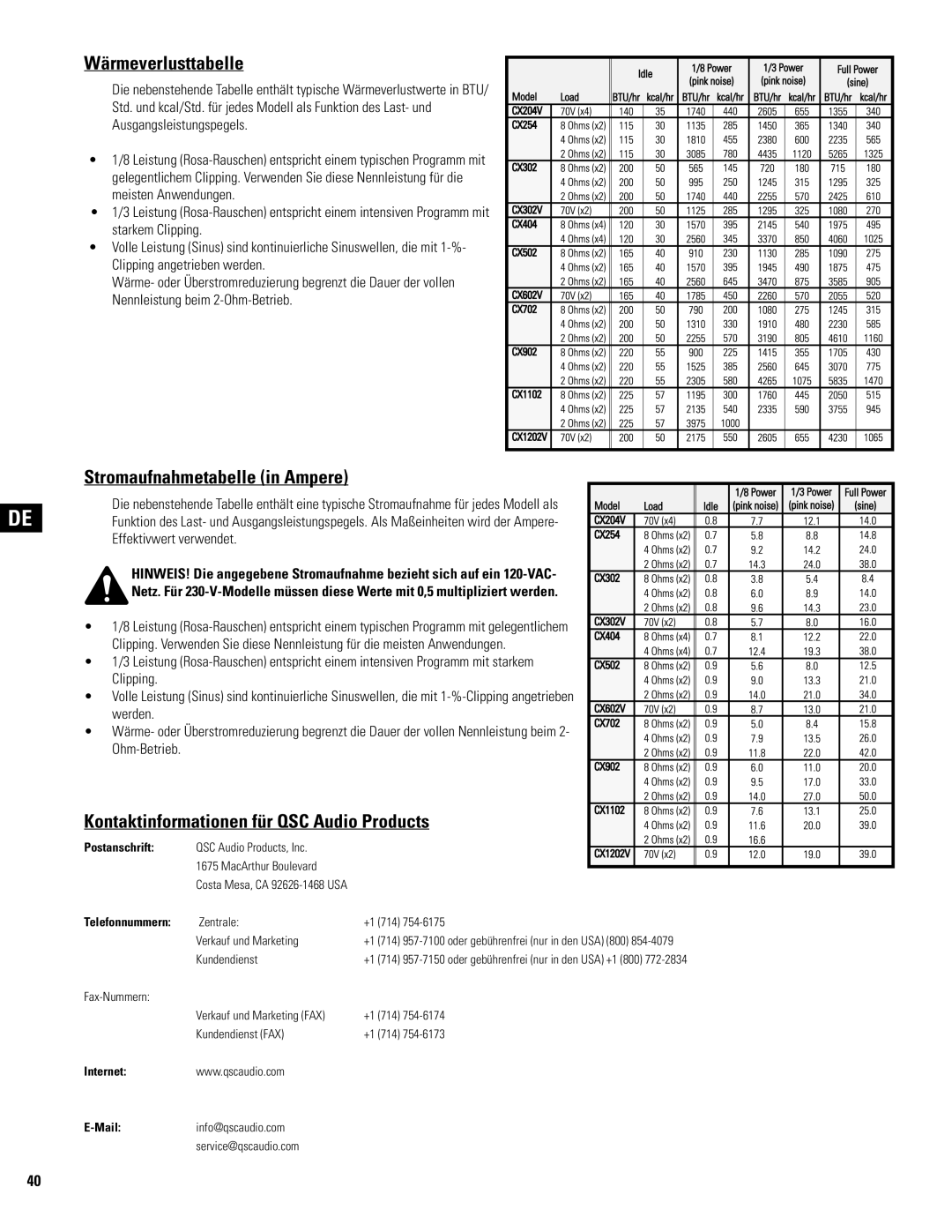 QSC Audio CX302V, CX602V Wärmeverlusttabelle, Stromaufnahmetabelle in Ampere, Kontaktinformationen für QSC Audio Products 