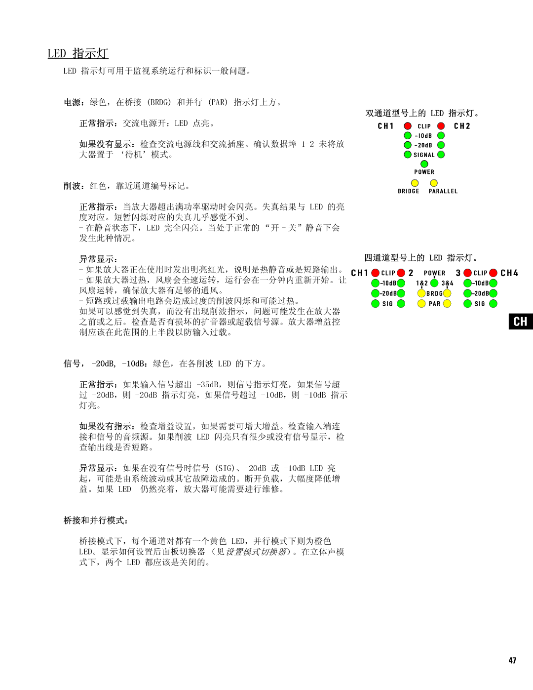 QSC Audio CX702, CX602V, CX404, CX902, CX204V, CX1102, CX1202V, CX302V, CX254, CX502 user manual Led 指示灯, 异常显示： 