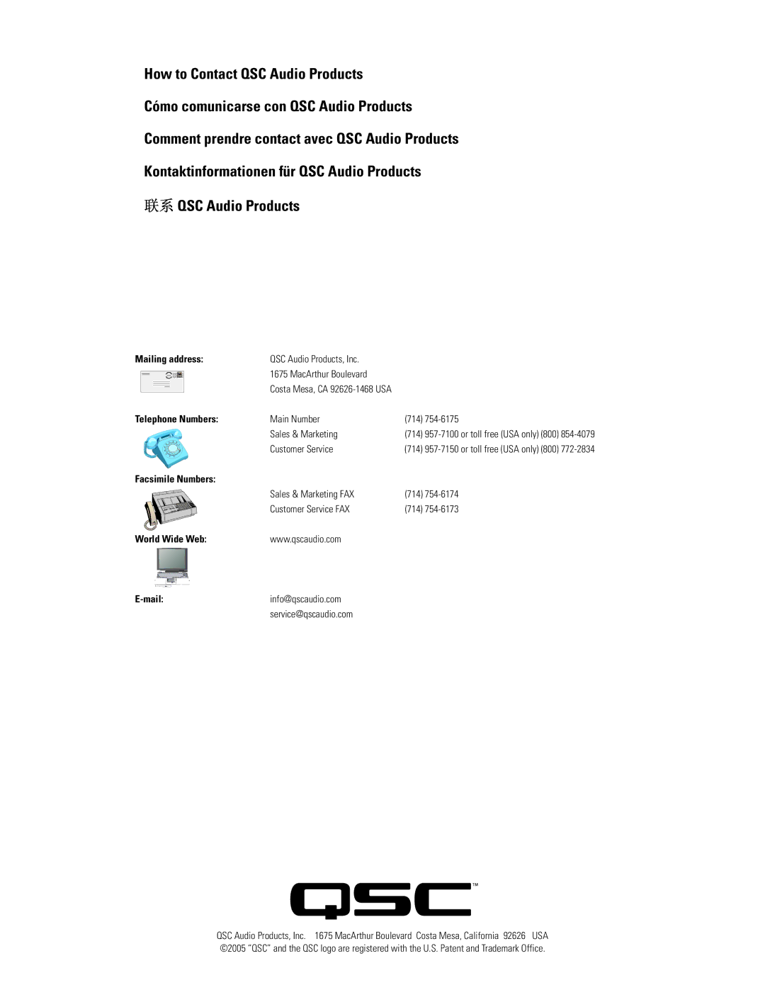 QSC Audio CX602V, CX404, CX902, CX702, CX204V, CX1102, CX1202V, CX302V, CX254, CX502 user manual Mailing address 