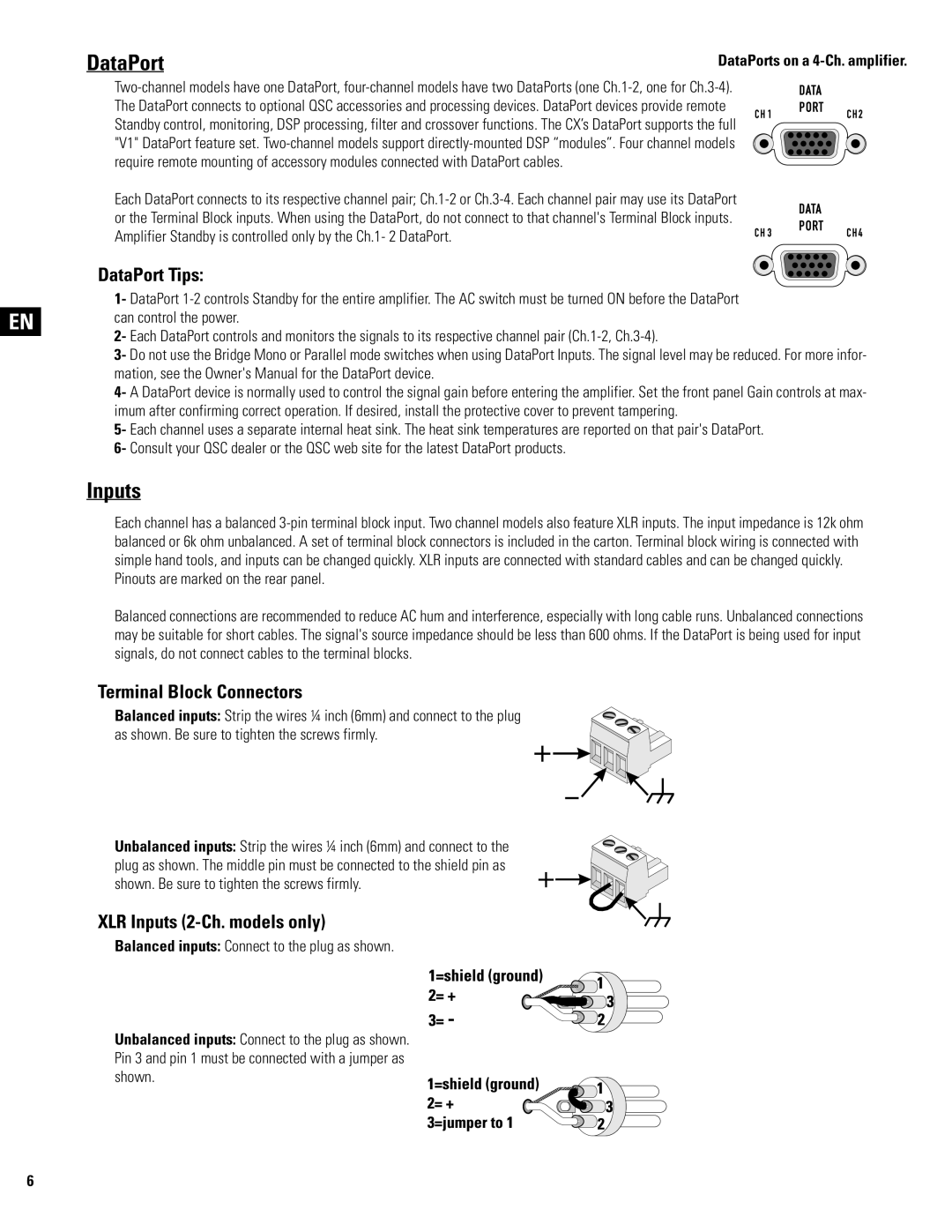 QSC Audio CX1202V, CX602V, CX404, CX902, CX702 DataPort Tips, Terminal Block Connectors, XLR Inputs 2-Ch. models only 