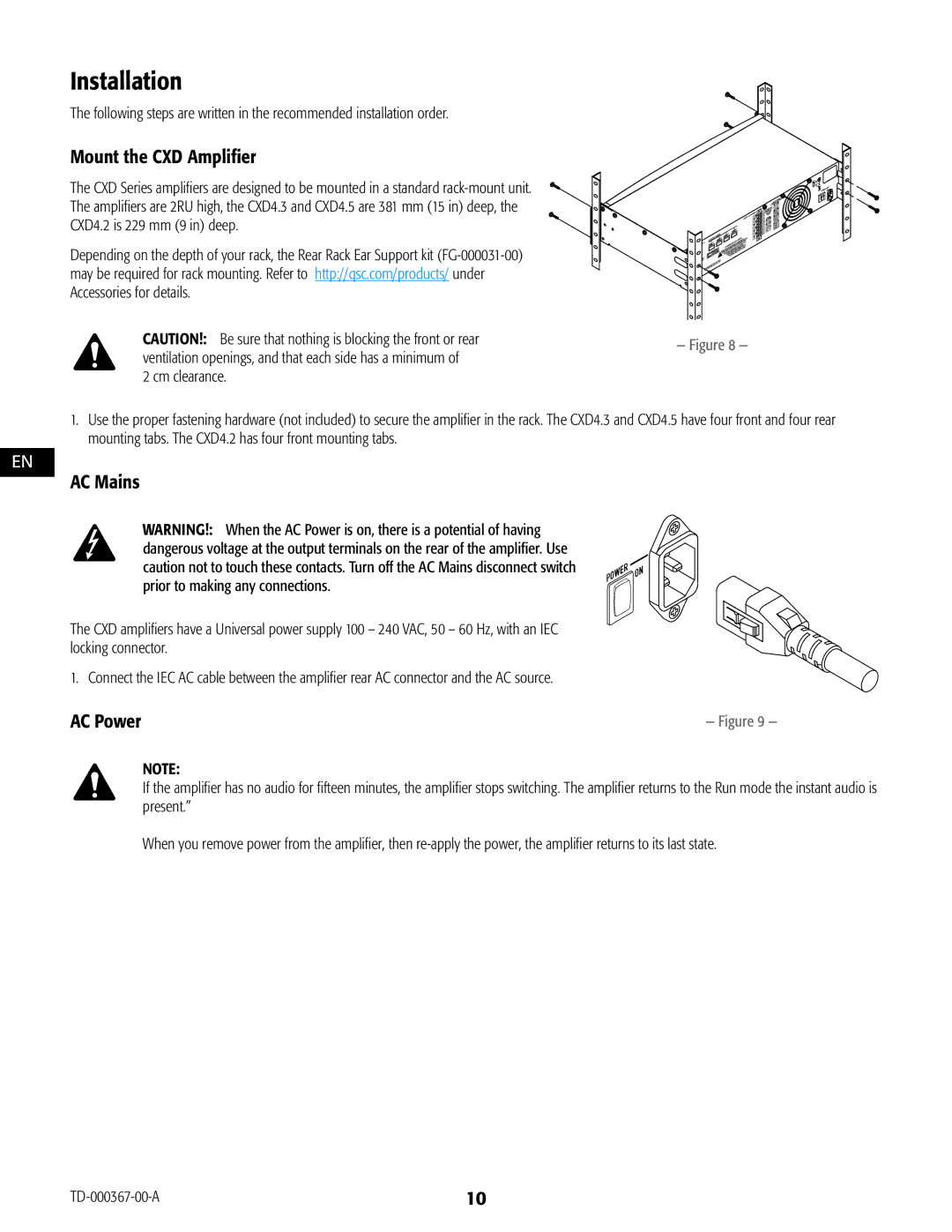 QSC Audio CXD4.5, CXD4.2, CXD4.3 manual Installation, Mount the CXD Amplifier, AC Mains 