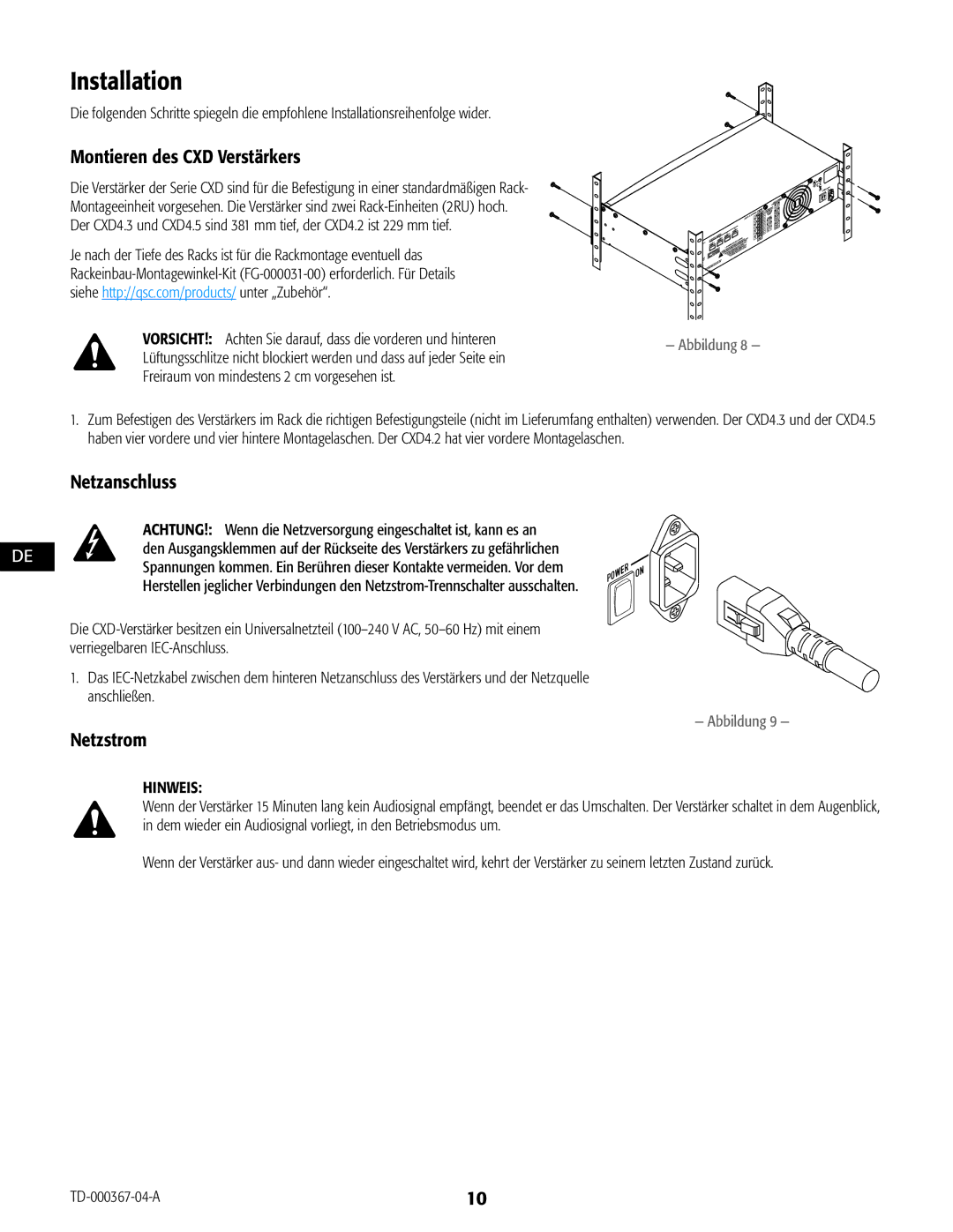 QSC Audio CXD4.5 Montieren des CXD Verstärkers, Netzanschluss, Netzstrom, Freiraum von mindestens 2 cm vorgesehen ist 