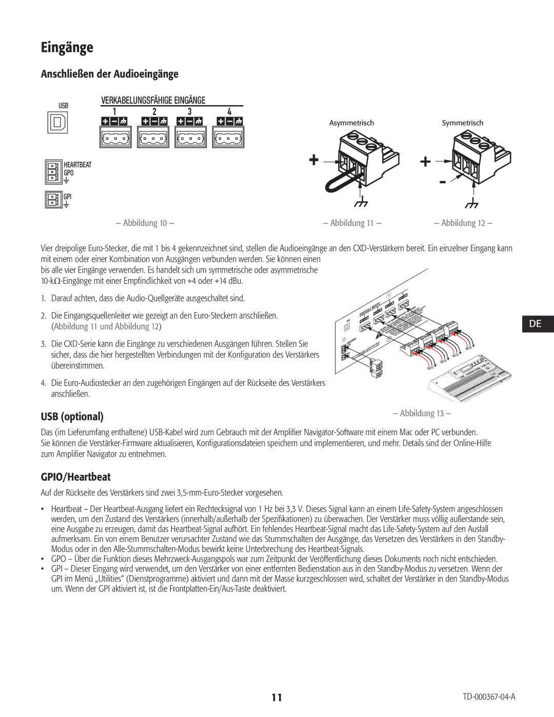 QSC Audio CXD4.3 manual Eingänge, Anschließen der Audioeingänge, Übereinstimmen, AsymmetrischUnbalancedSymmetrischBalanced 