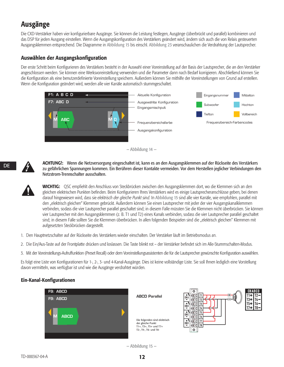 QSC Audio CXD4.2, CXD4.5, CXD4.3 Ausgänge, Auswählen der Ausgangskonfiguration, Ein-Kanal-Konfigurationen, Abcd Parallell 