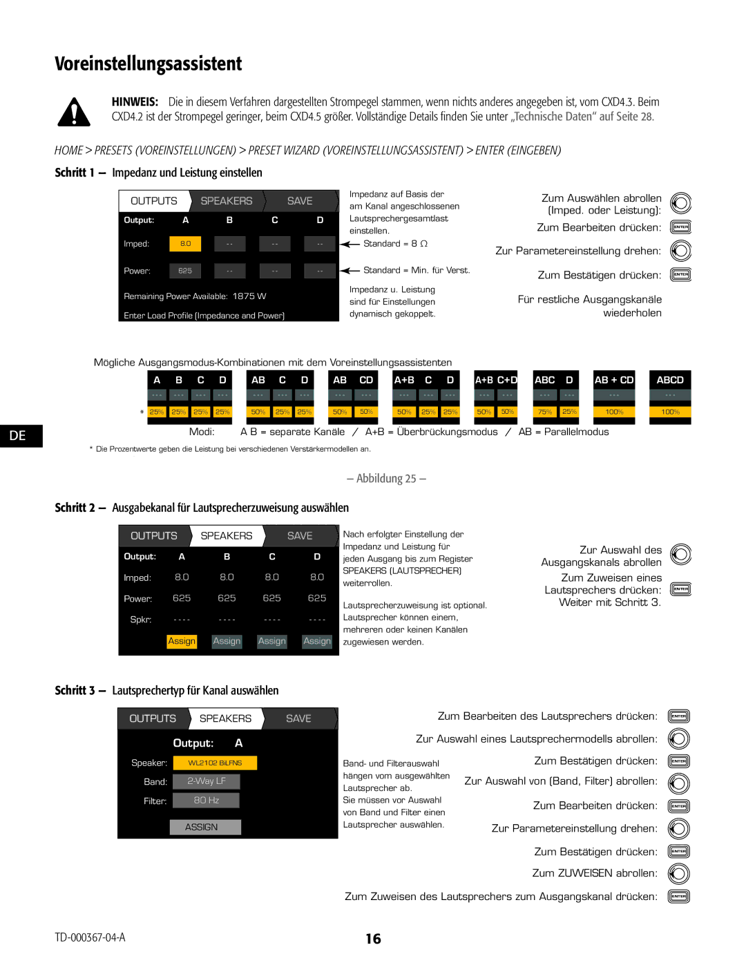 QSC Audio CXD4.5, CXD4.2 Voreinstellungsassistent, Schritt 1 Impedanz und Leistung einstellen, Outputwiederholenchannels 