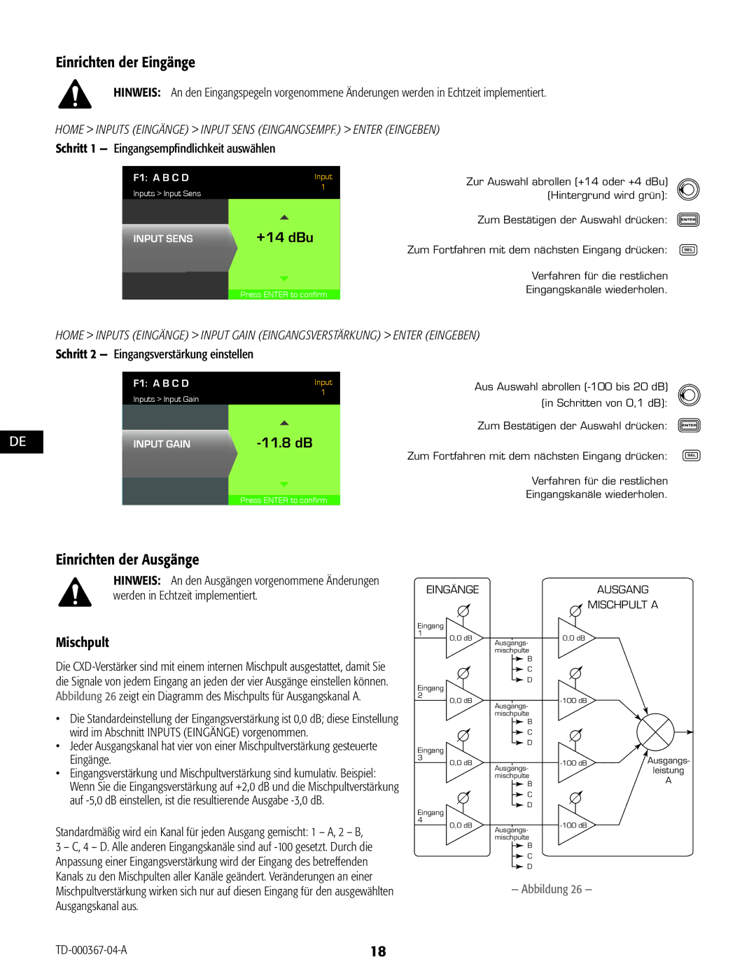 QSC Audio CXD4.2, CXD4.5, CXD4.3 manual Einrichten der Eingänge, +14 dBu, Einrichten der Ausgänge, Mischpult 