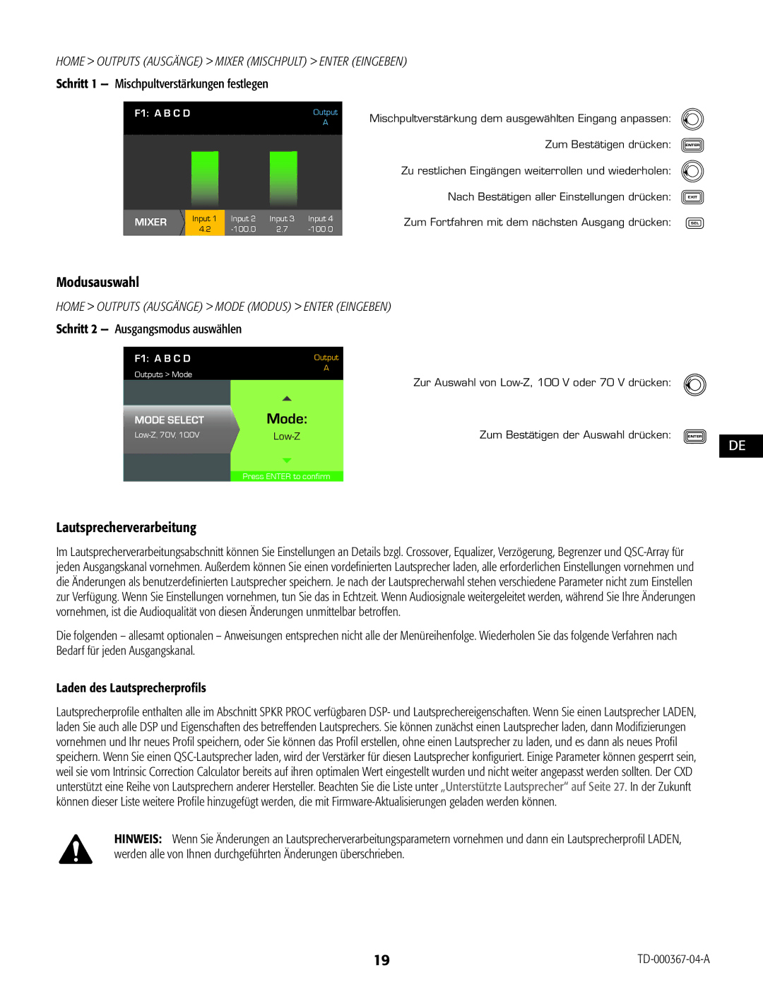 QSC Audio CXD4.5, CXD4.2 manual Modusauswahl, Lautsprecherverarbeitung, Home Outputs Ausgänge Mixer Mischpult Enter Eingeben 