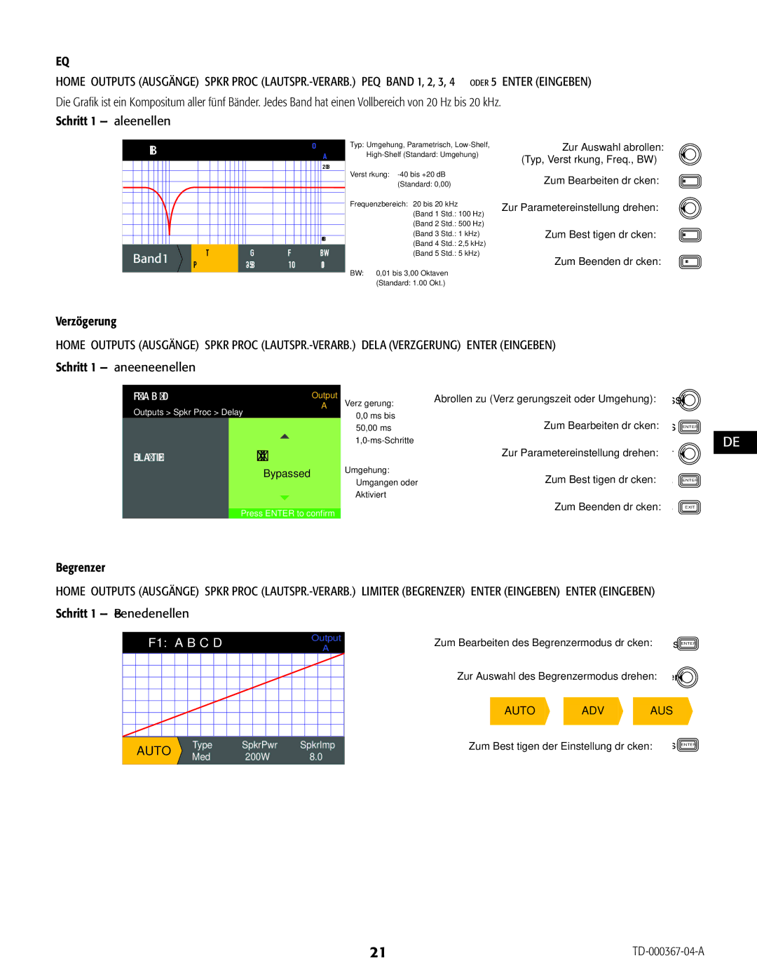 QSC Audio CXD4.2, CXD4.5, CXD4.3 manual Schritt 1 Equalizer einstellen, Type, Gain,Freq, B, Verzögerung, Begrenzer 