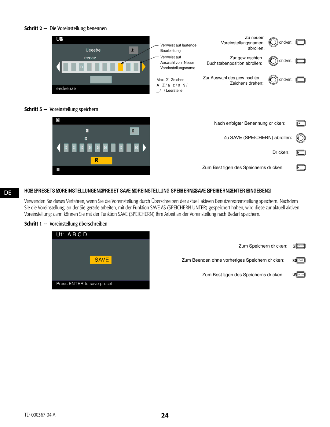 QSC Audio CXD4.2, CXD4.5, CXD4.3 manual Schritt 2 Die Voreinstellung benennen, Schritt 3 Voreinstellung speichern 