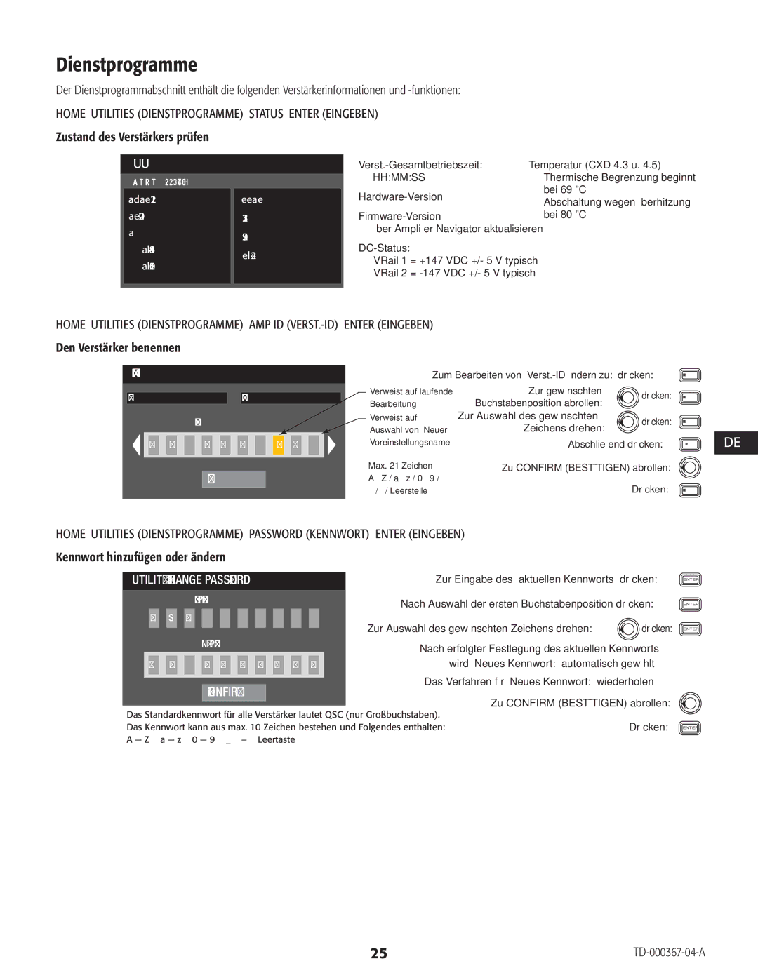 QSC Audio CXD4.5, CXD4.2, CXD4.3 Home Utilities Dienstprogramme Status Enter Eingeben, Zustand des Verstärkers prüfen 