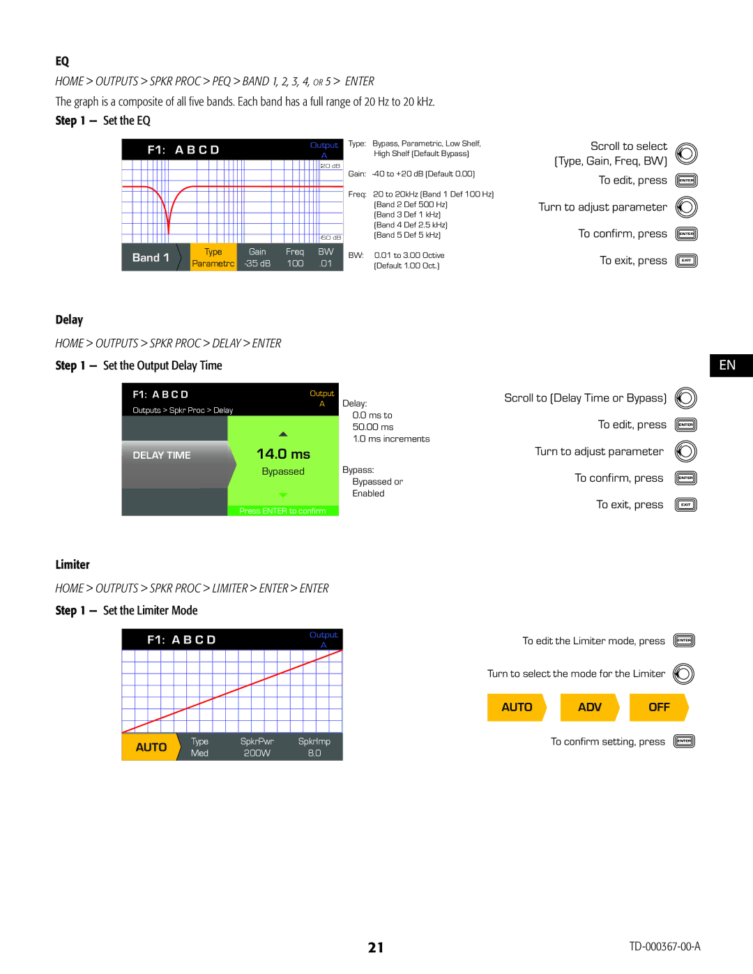 QSC Audio CXD4.2, CXD4.5, CXD4.3 manual 14.0 ms, Home Outputs Spkr Proc Delay Enter, Set the Output Delay Time 