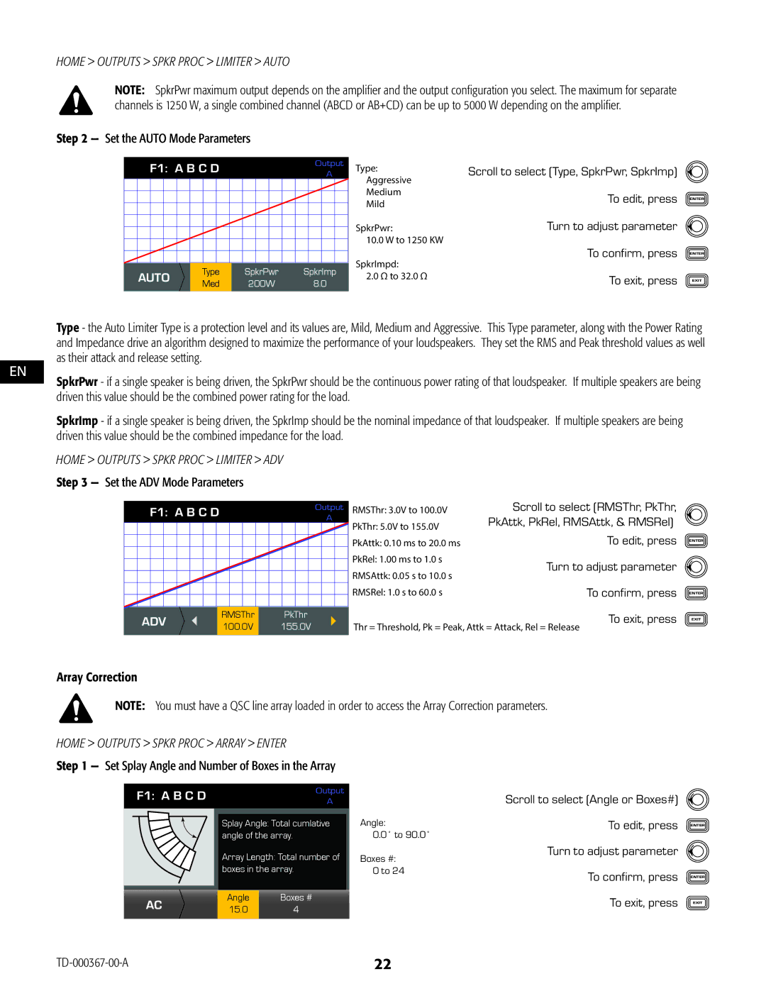 QSC Audio CXD4.5 Home Outputs Spkr Proc Limiter Auto, Set the Auto Mode Parameters, Home Outputs Spkr Proc Array Enter 