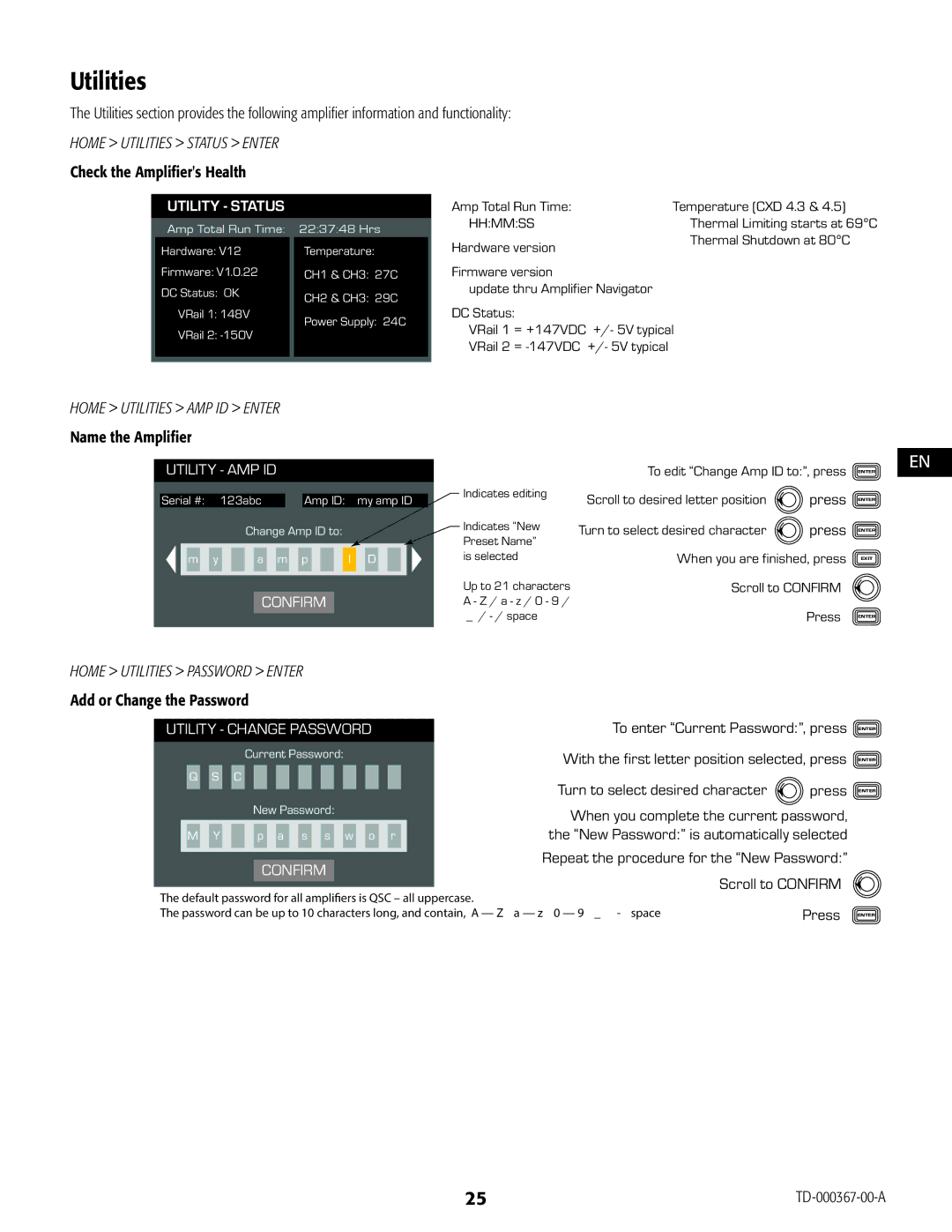 QSC Audio CXD4.5, CXD4.2 manual Home Utilities Status Enter, Check the Amplifiers Health, Home Utilities Password Enter 