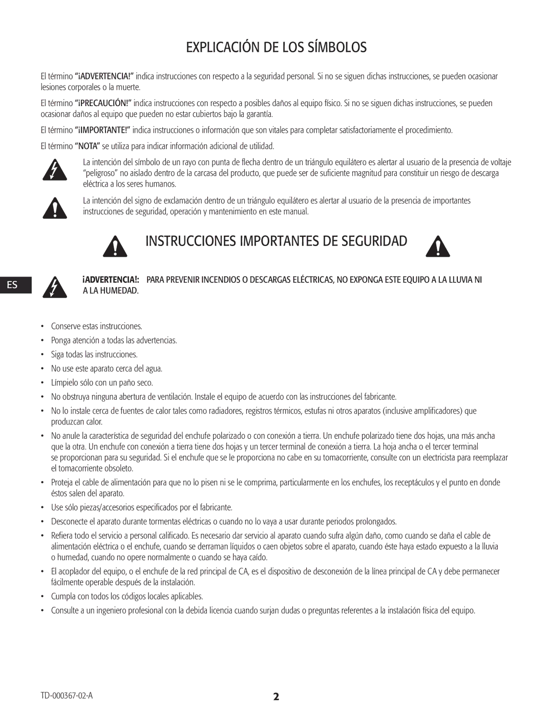 QSC Audio CXD4.3, CXD4.2, CXD4.5 manual Explicación DE LOS Símbolos, TD-000367-02-A 