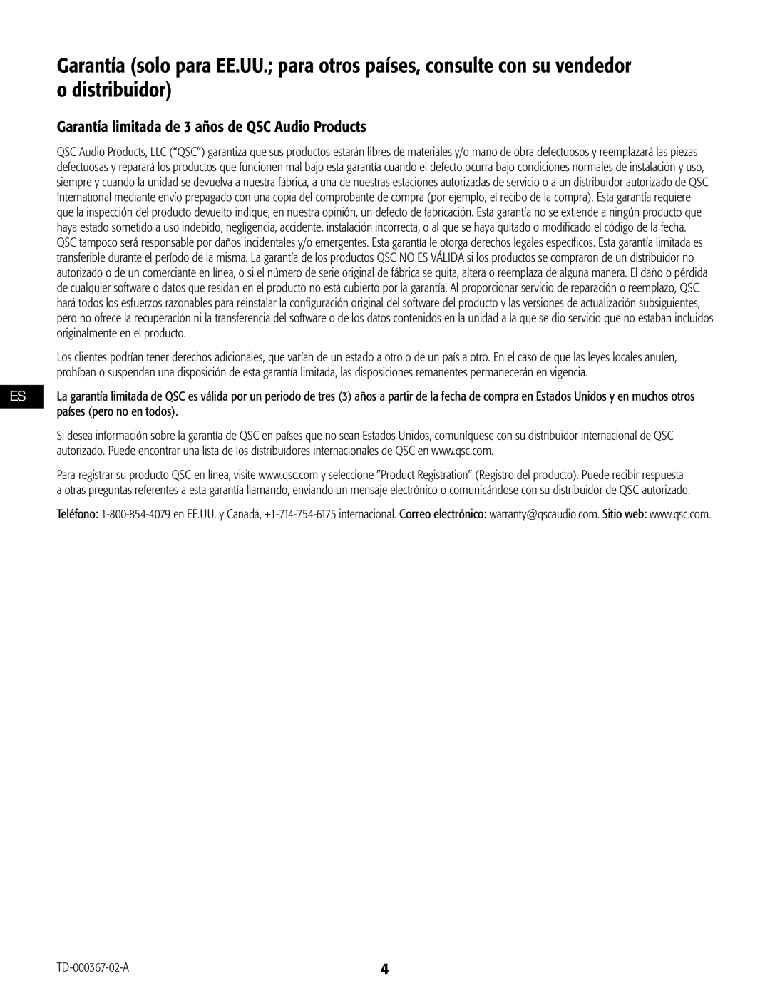 QSC Audio CXD4.5, CXD4.2, CXD4.3 manual Garantía limitada de 3 años de QSC Audio Products 