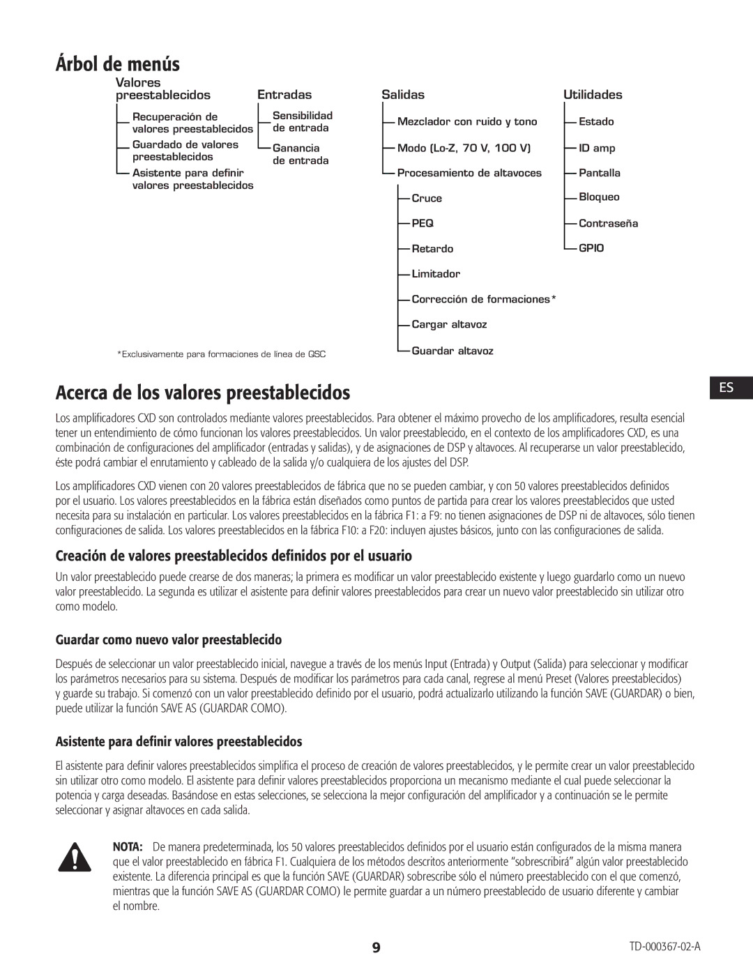 QSC Audio CXD4.2 Árbol de menús, Guardar como nuevo valor preestablecido, Asistente para definir valores preestablecidos 