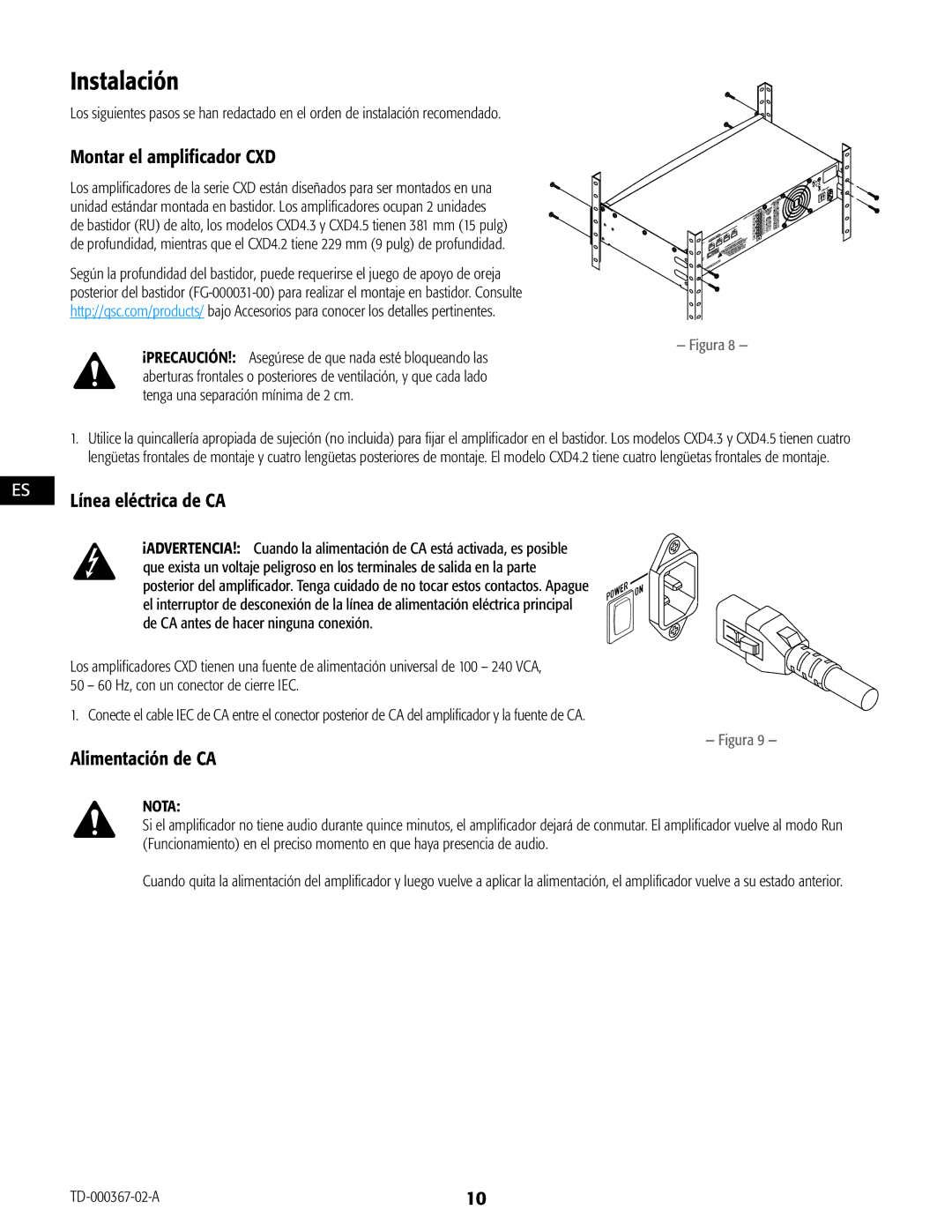 QSC Audio CXD4.5, CXD4.2, CXD4.3 manual Instalación, Montar el amplificador CXD, Línea eléctrica de CA, Alimentación de CA 