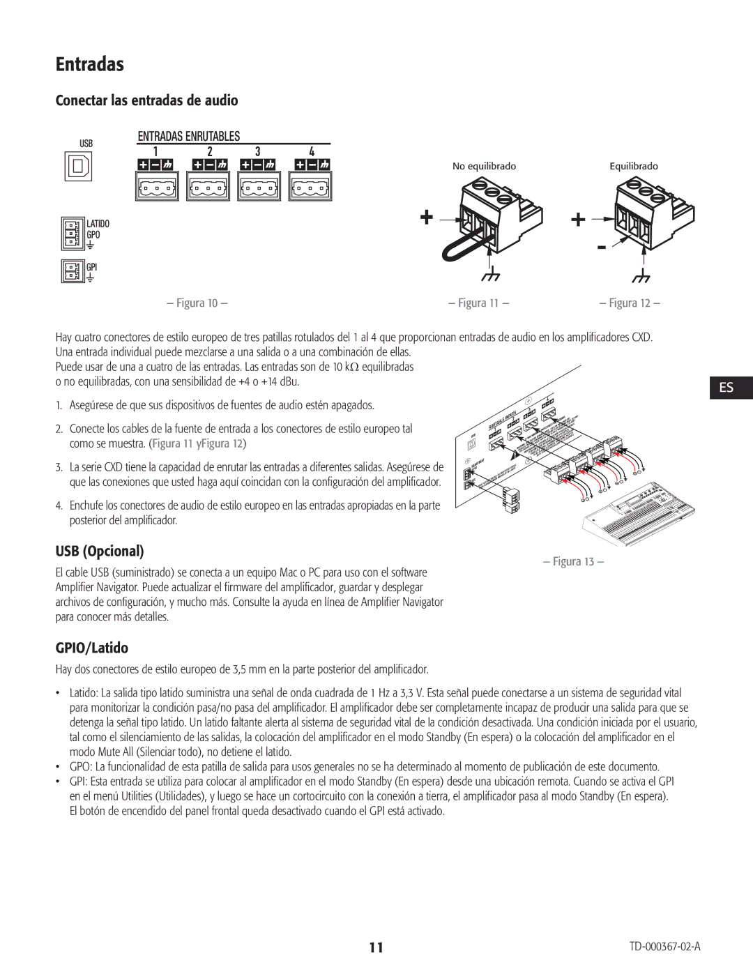 QSC Audio CXD4.3, CXD4.2, CXD4.5 manual Entradas, Conectar las entradas de audio, USB Opcional, GPIO/Latido 