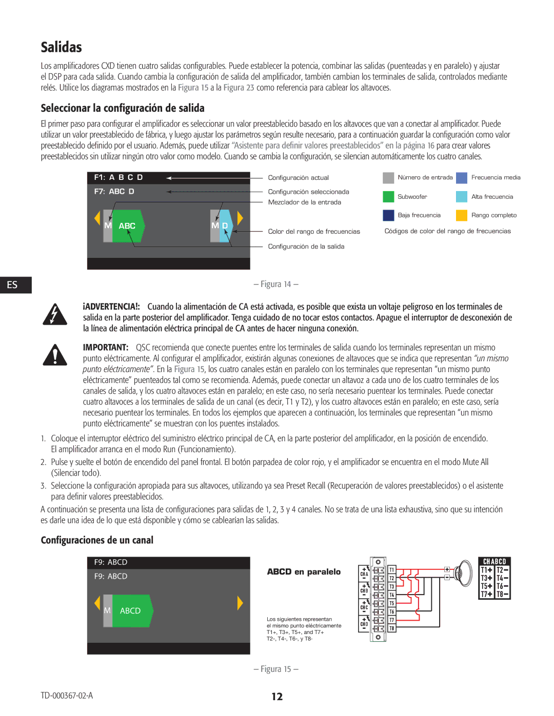 QSC Audio CXD4.2, CXD4.5, CXD4.3 manual Salidas, Seleccionar la configuración de salida, Configuraciones de un canal 