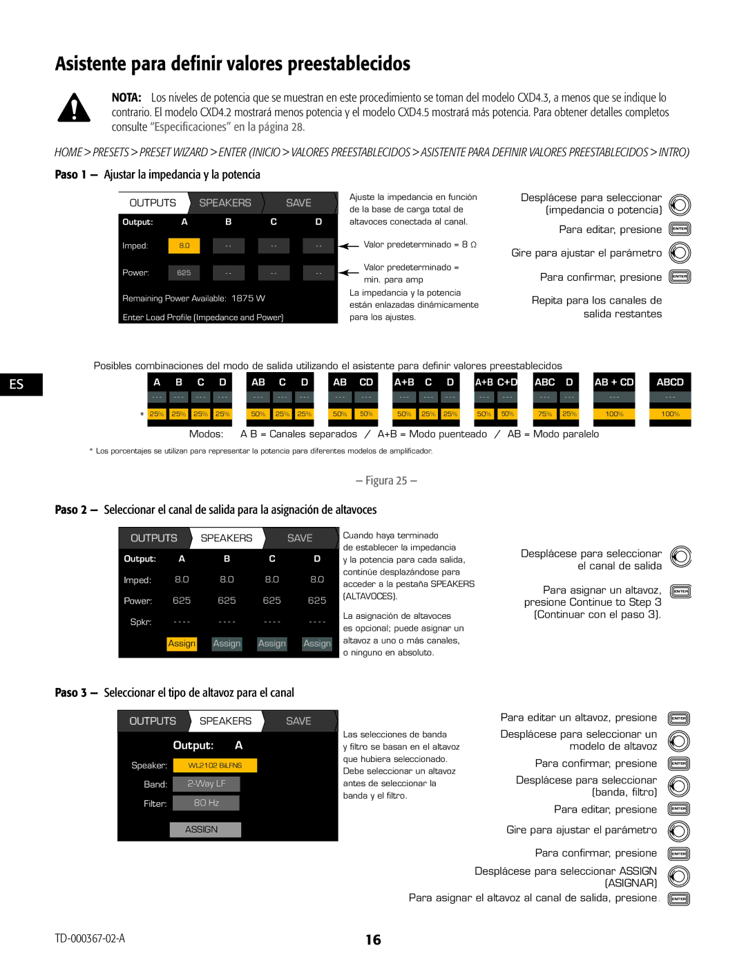 QSC Audio CXD4.5, CXD4.2, CXD4.3 Asistente para definir valores preestablecidos, Paso 1 Ajustar la impedancia y la potencia 