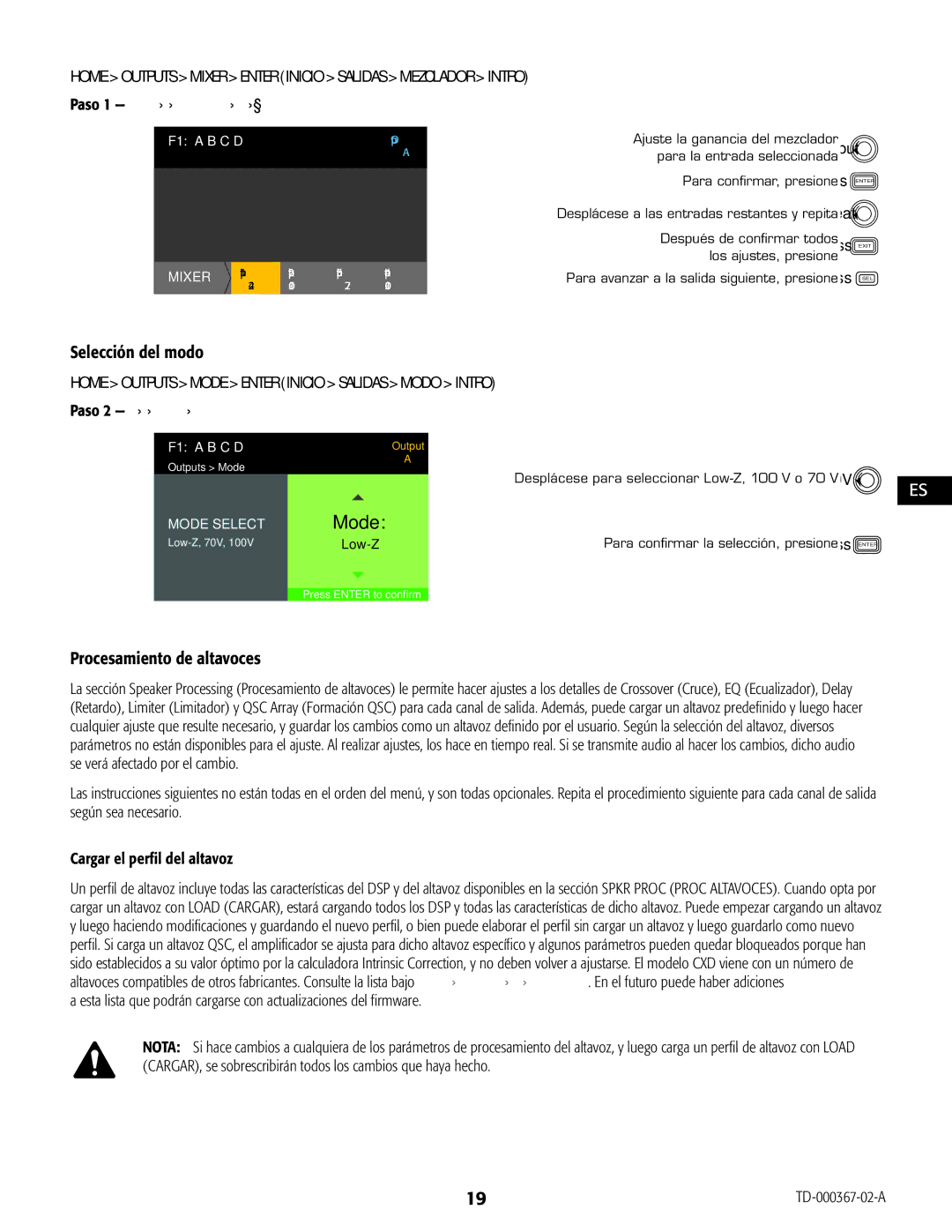 QSC Audio CXD4.5 Selección del modo, Procesamiento de altavoces, Home Outputs Mixer Enter Inicio Salidas Mezclador Intro 