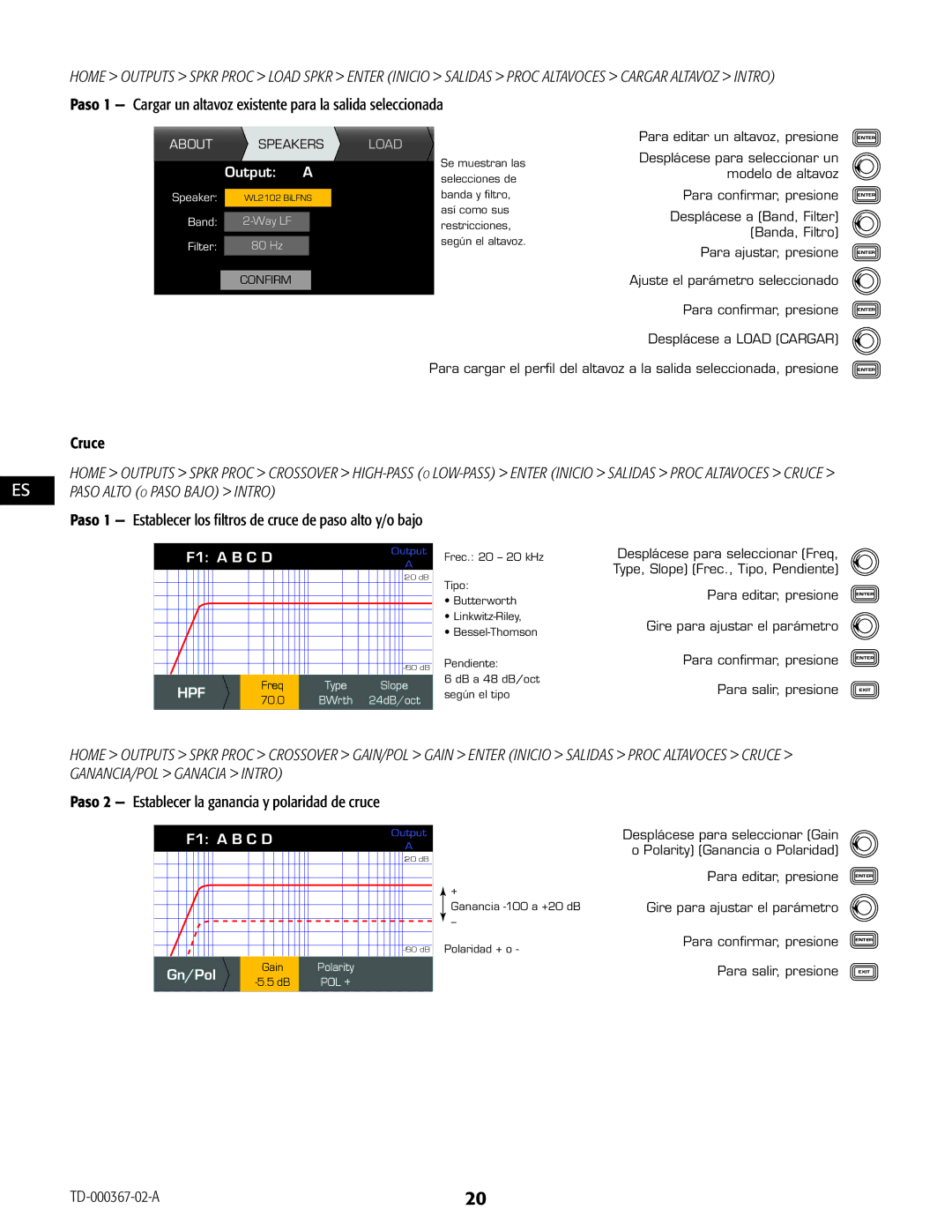 QSC Audio CXD4.3, CXD4.2, CXD4.5 manual Scroll to select Speaker model, Scroll to Band, Filter, Cruce 