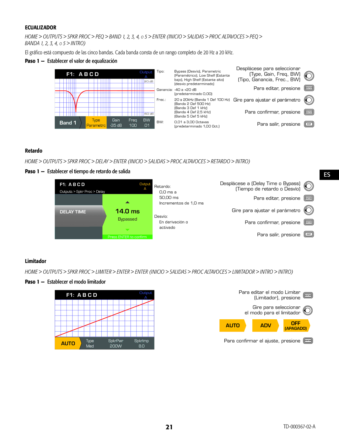 QSC Audio CXD4.2, CXD4.5, CXD4.3 manual Scroll to select, Type, Gain, Retardo, Limitador 