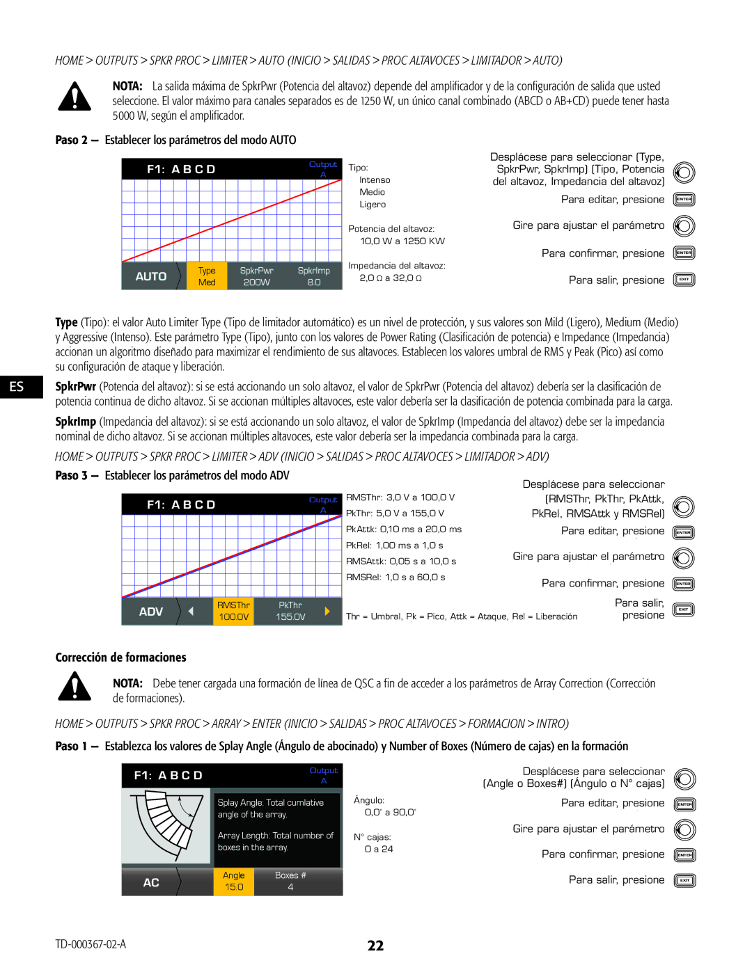 QSC Audio CXD4.5, CXD4.2 Paso 3 Establecer los parámetros del modo ADV, Scroll to select Angle or Boxes#, To exit, press 