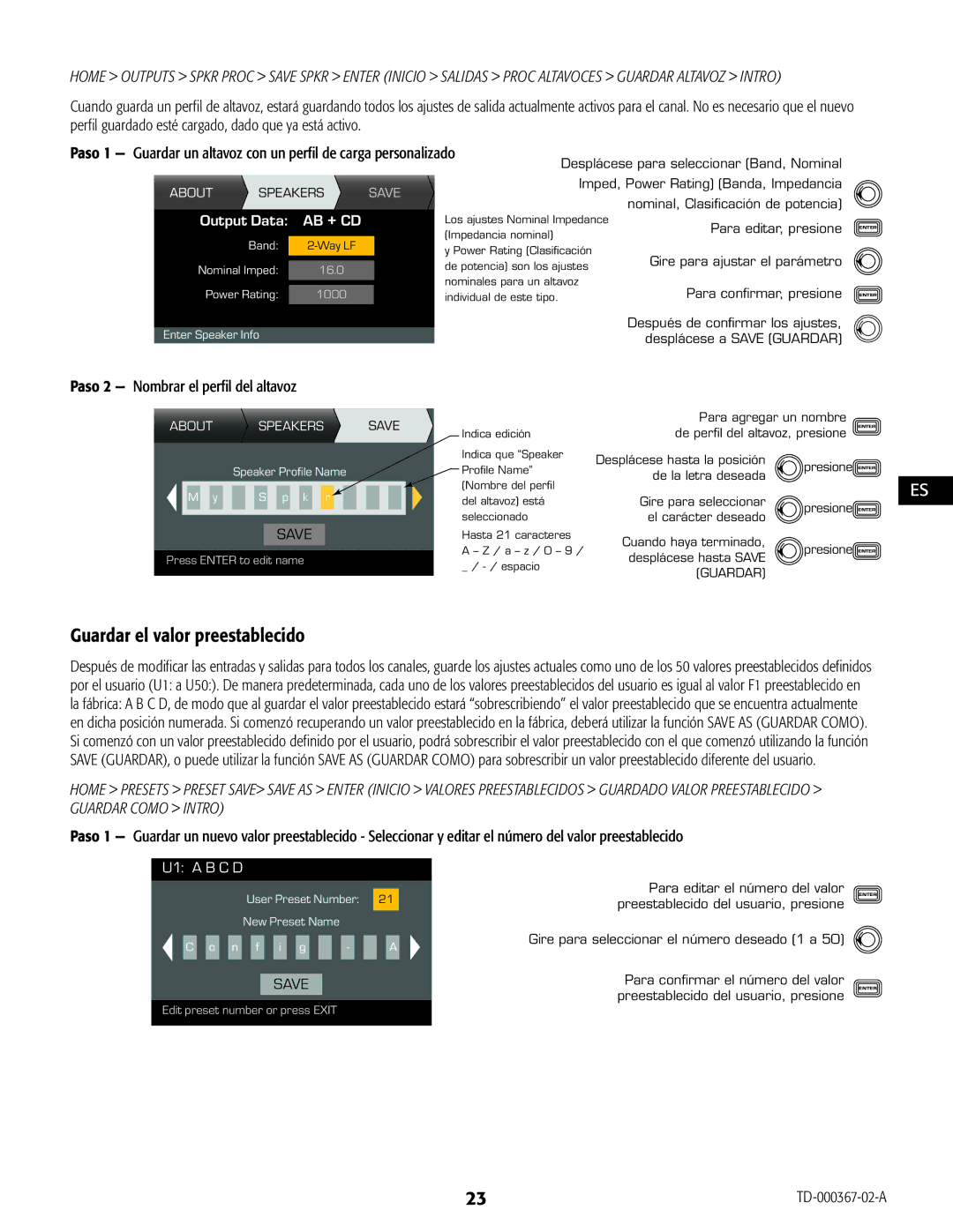 QSC Audio CXD4.3, CXD4.2, CXD4.5 manual Guardar el valor preestablecido, Paso 2 Nombrar el perfil del altavoz 