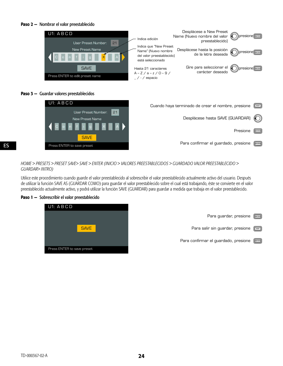 QSC Audio CXD4.2, CXD4.5, CXD4.3 manual Paso 2 Nombrar el valor preestablecido, Paso 3 Guardar valores preestablecidos 