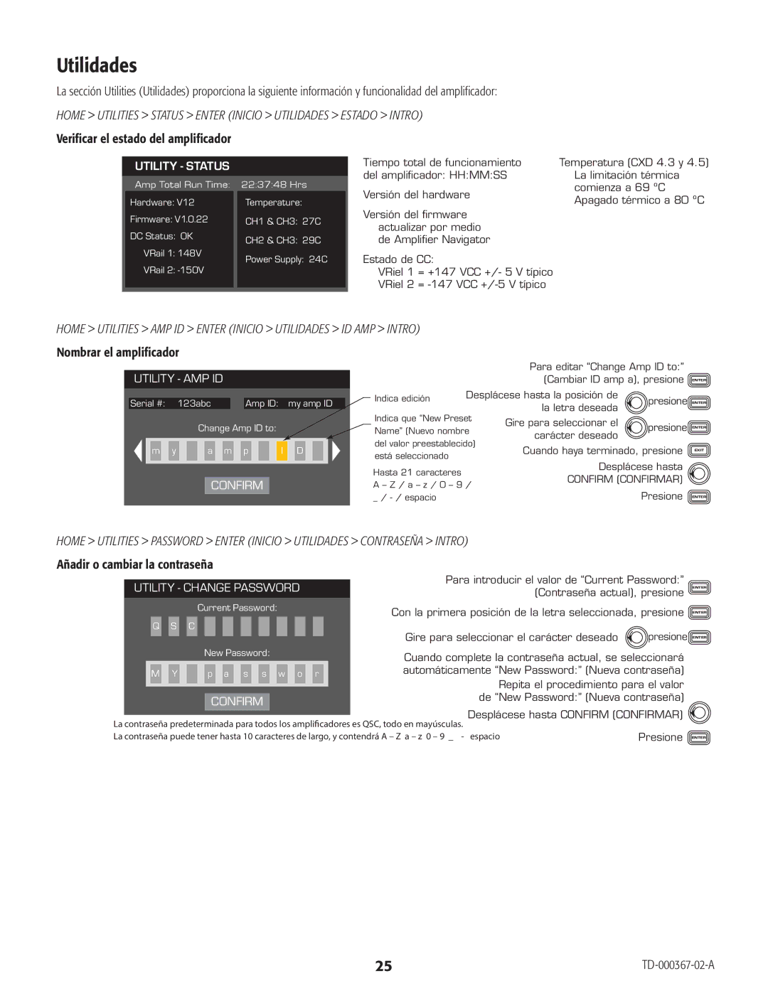 QSC Audio CXD4.5, CXD4.2 Utilidades, Añadir o cambiar la contraseña, New Password is automatically selected, Scroll to 