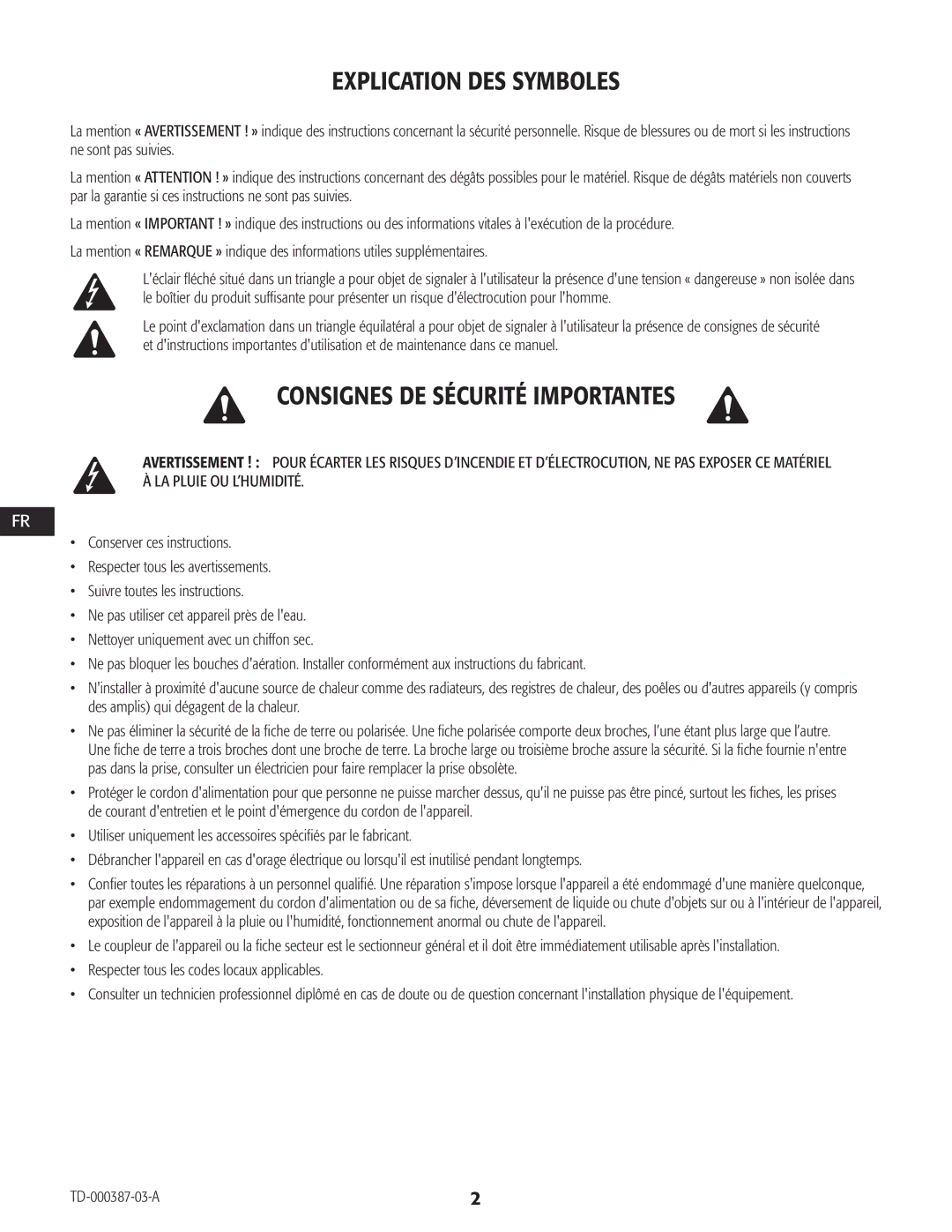 QSC Audio CXD4.3, CXD4.2, CXD4.5 manual Explication DES Symboles, TD-000387-03-A 