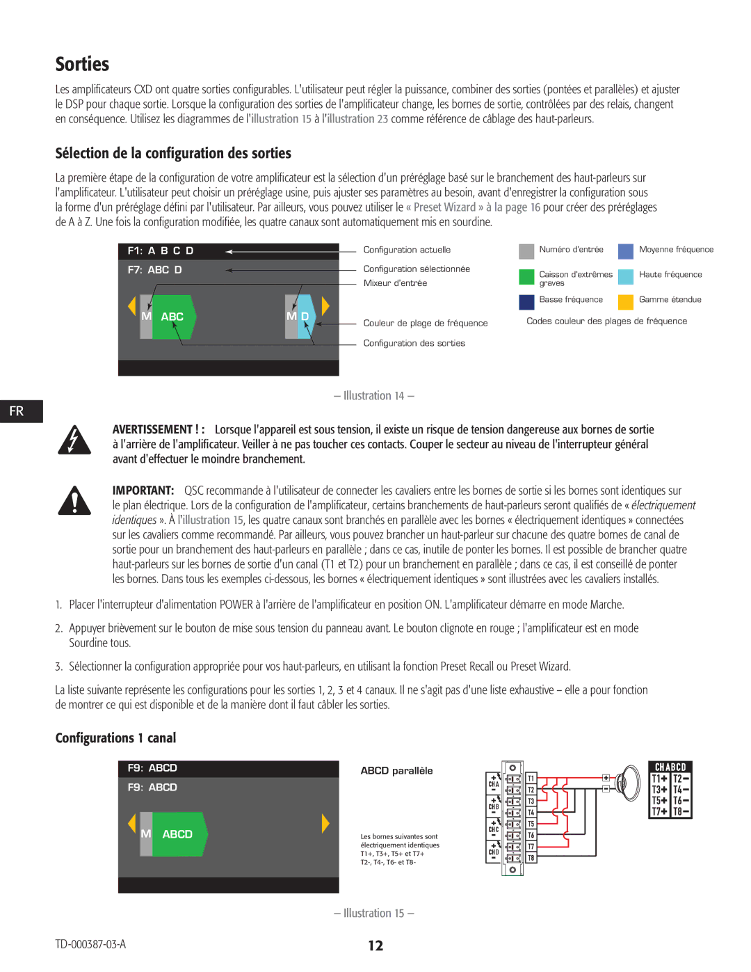 QSC Audio CXD4.2, CXD4.5, CXD4.3 manual Sorties, Sélection de la configuration des sorties, Configurations 1 canal 