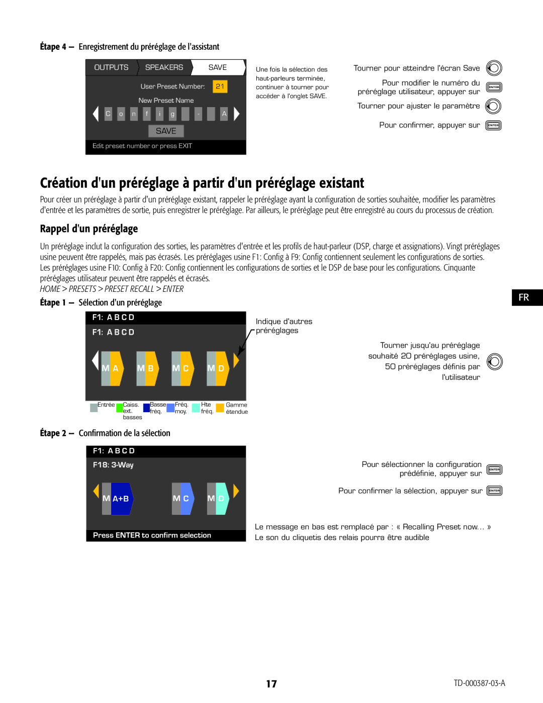 QSC Audio CXD4.3, CXD4.2, CXD4.5 manual Création dun préréglage à partir dun préréglage existant, Rappel dun préréglage 