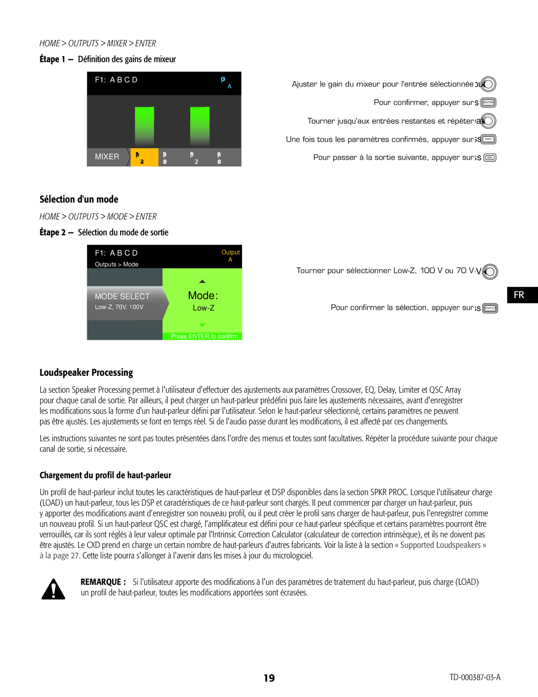 QSC Audio CXD4.5, CXD4.2 Sélection dun mode, Étape 1 Définition des gains de mixeur, Étape 2 Sélection du mode de sortie 