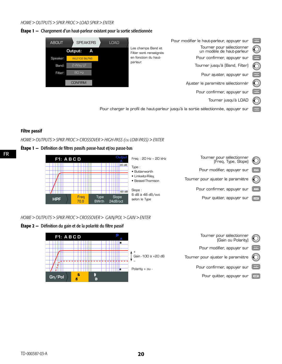 QSC Audio CXD4.3, CXD4.2, CXD4.5 manual Filtre passif, Scroll to select Gain or Polarity 