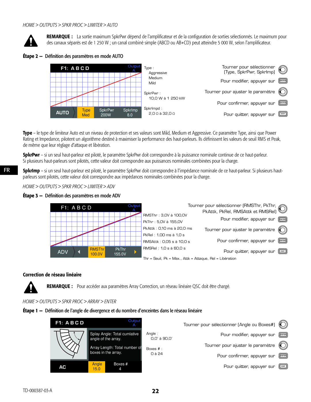 QSC Audio CXD4.5, CXD4.2, CXD4.3 manual Étape 2 Définition des paramètres en mode Auto, Scroll to select RMSThr,PkThr 