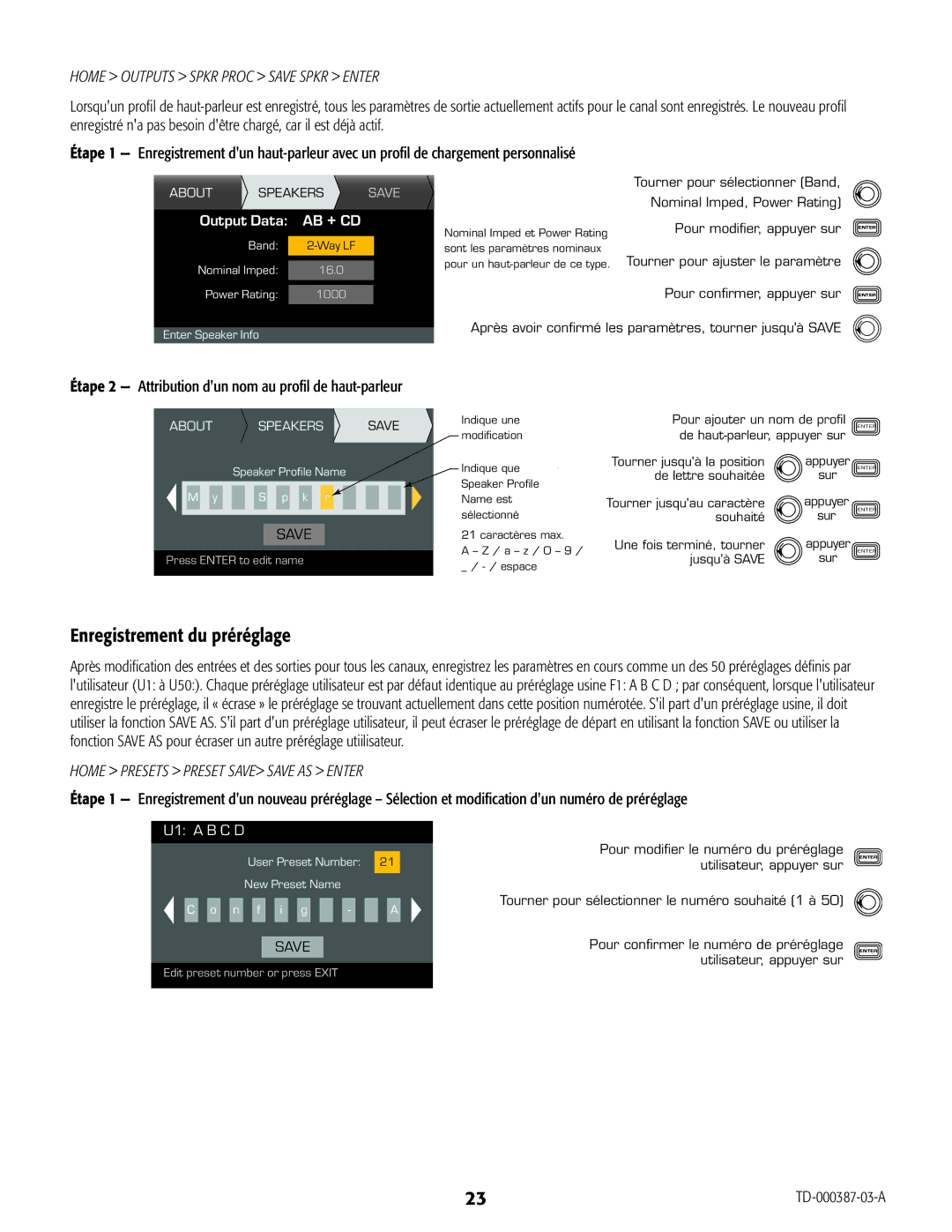 QSC Audio CXD4.3, CXD4.2, CXD4.5 manual Enregistrement du préréglage, Étape 2 Attribution dun nom au profil de haut-parleur 