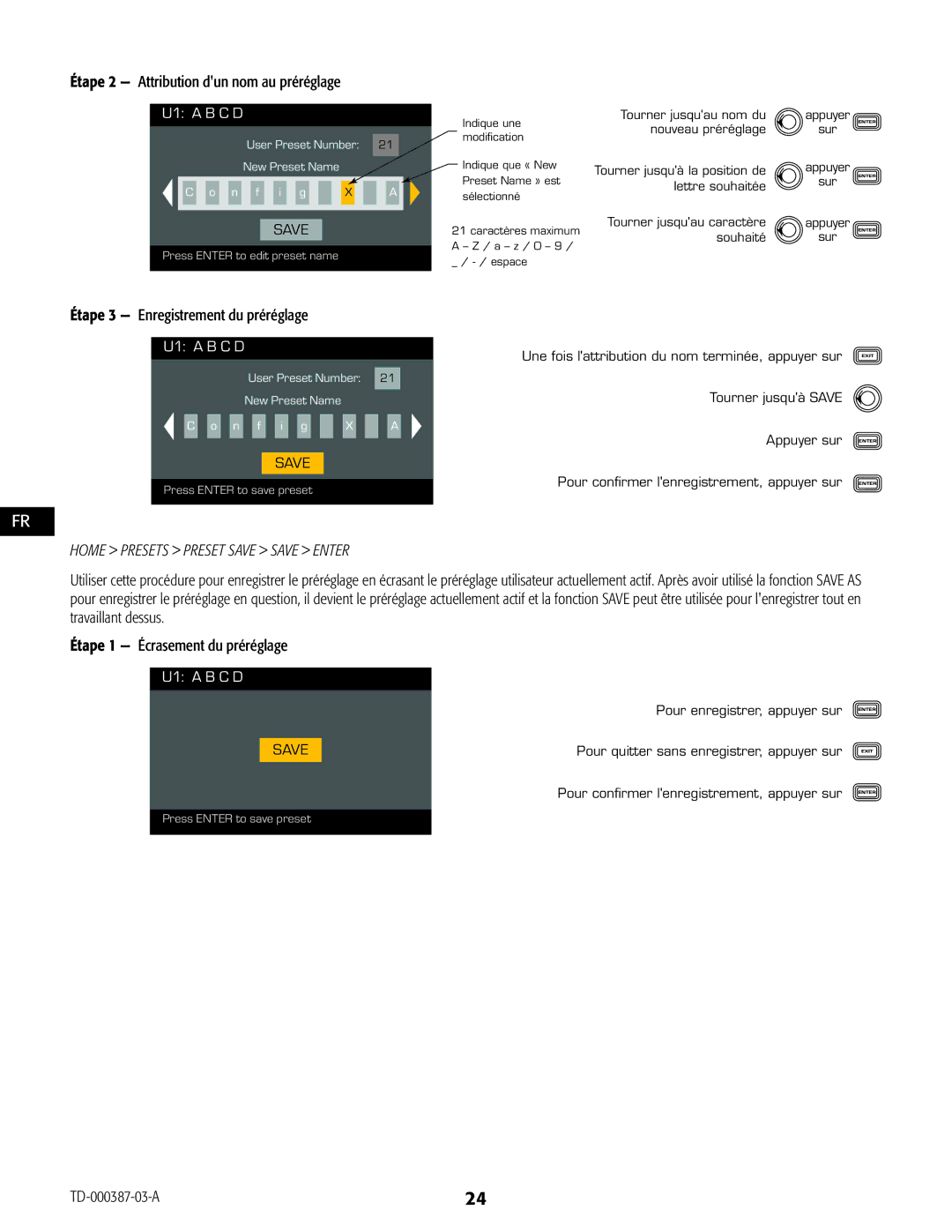 QSC Audio CXD4.2, CXD4.5, CXD4.3 manual Étape 2 Attribution dun nom au préréglage, Étape 3 Enregistrement du préréglage 