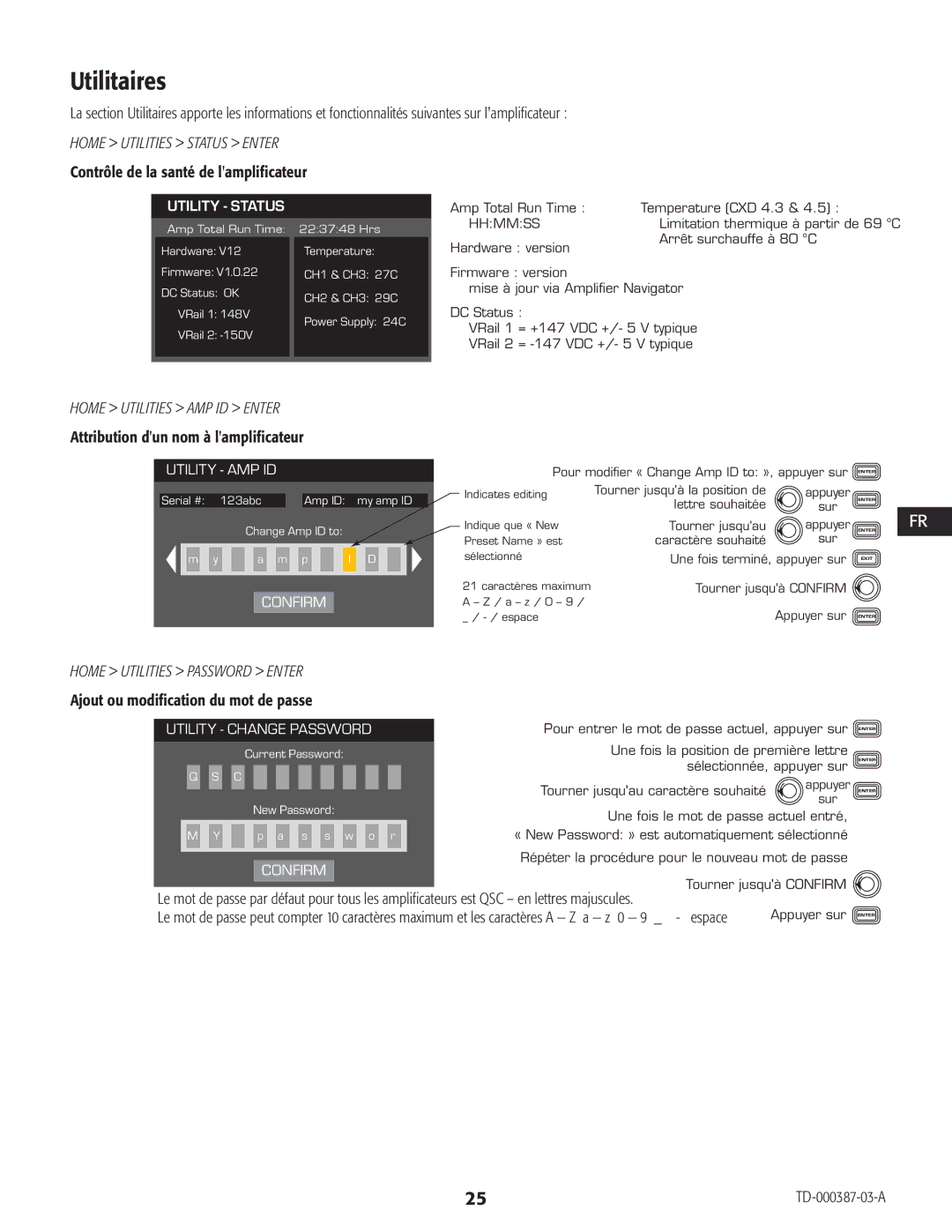 QSC Audio CXD4.5, CXD4.2, CXD4.3 manual Utilitaires, Home Utilities AMP ID Enter 